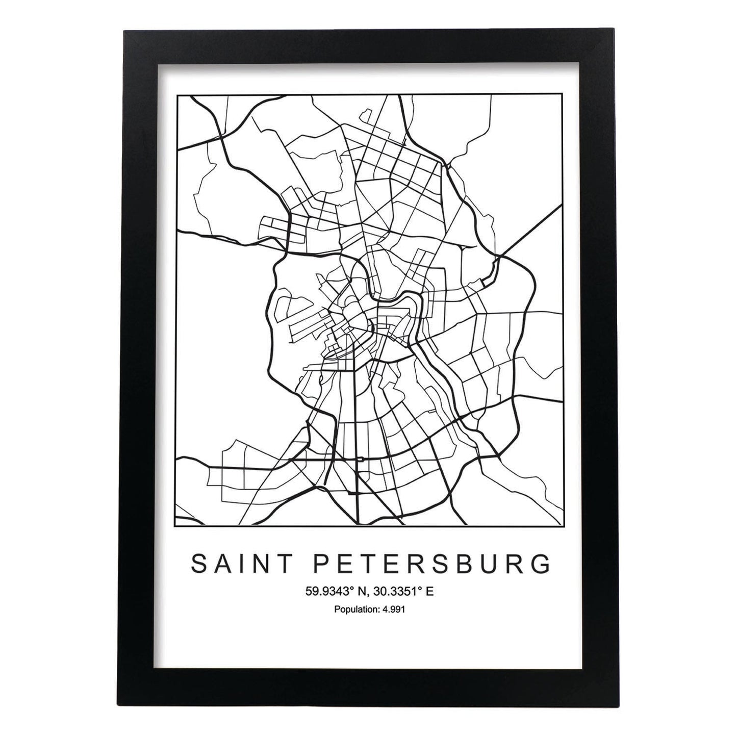 Lámina mapa de la ciudad Saint petersburg estilo nordico en blanco y negro.-Artwork-Nacnic-A4-Marco Negro-Nacnic Estudio SL