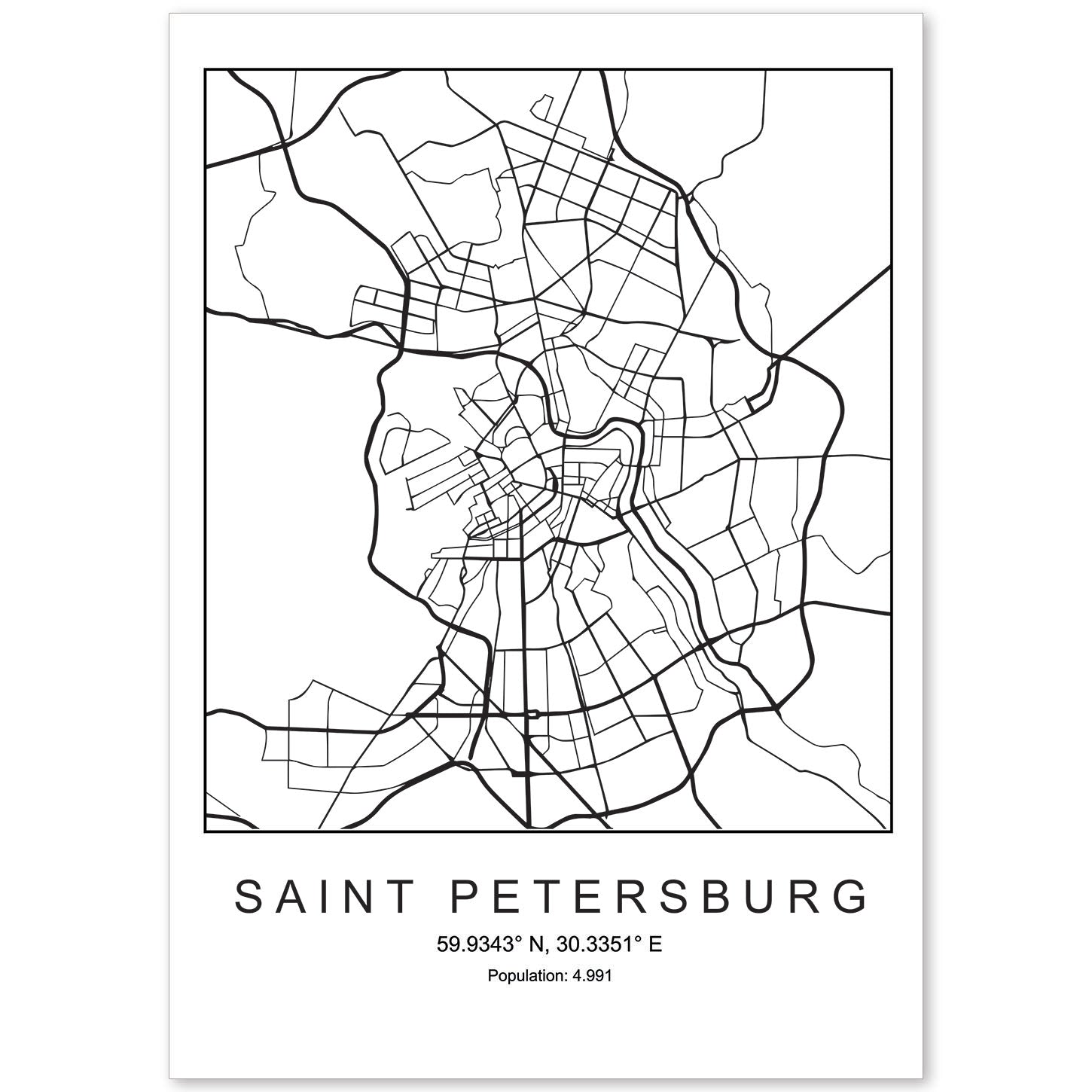 Lámina mapa de la ciudad Saint petersburg estilo nordico en blanco y negro.-Artwork-Nacnic-A4-Sin marco-Nacnic Estudio SL