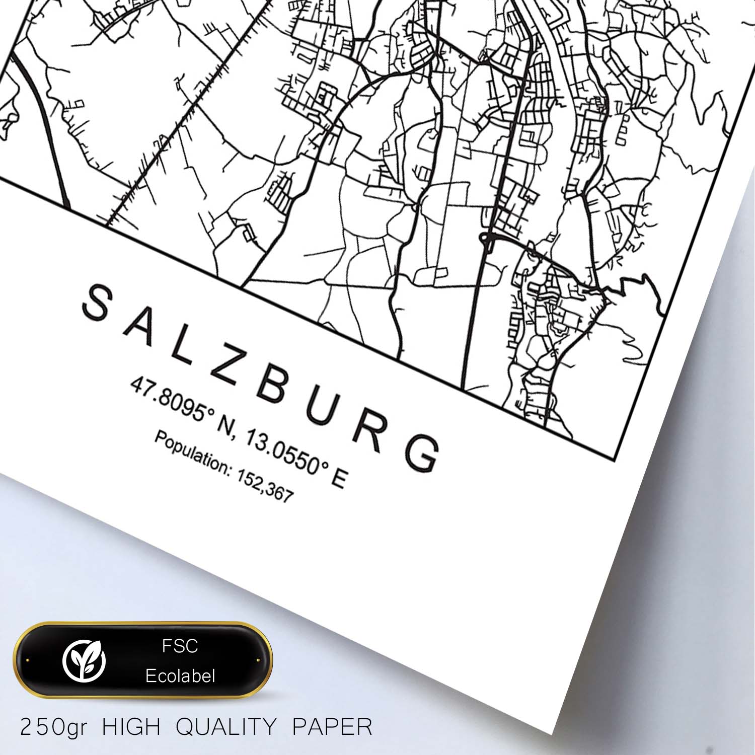 Lámina mapa de la ciudad Salzburg estilo nordico en blanco y negro.-Artwork-Nacnic-Nacnic Estudio SL