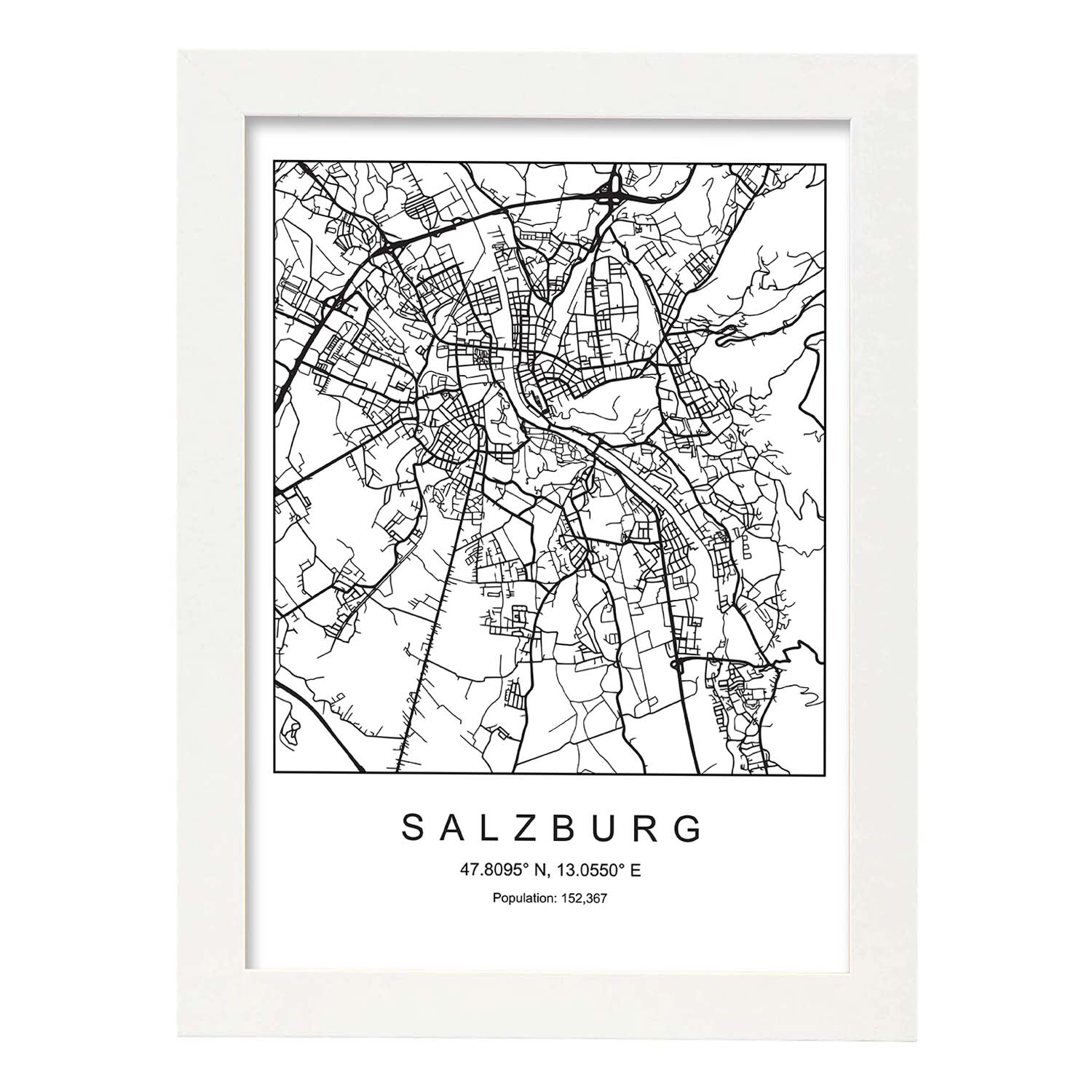 Lámina mapa de la ciudad Salzburg estilo nordico en blanco y negro.-Artwork-Nacnic-A3-Marco Blanco-Nacnic Estudio SL