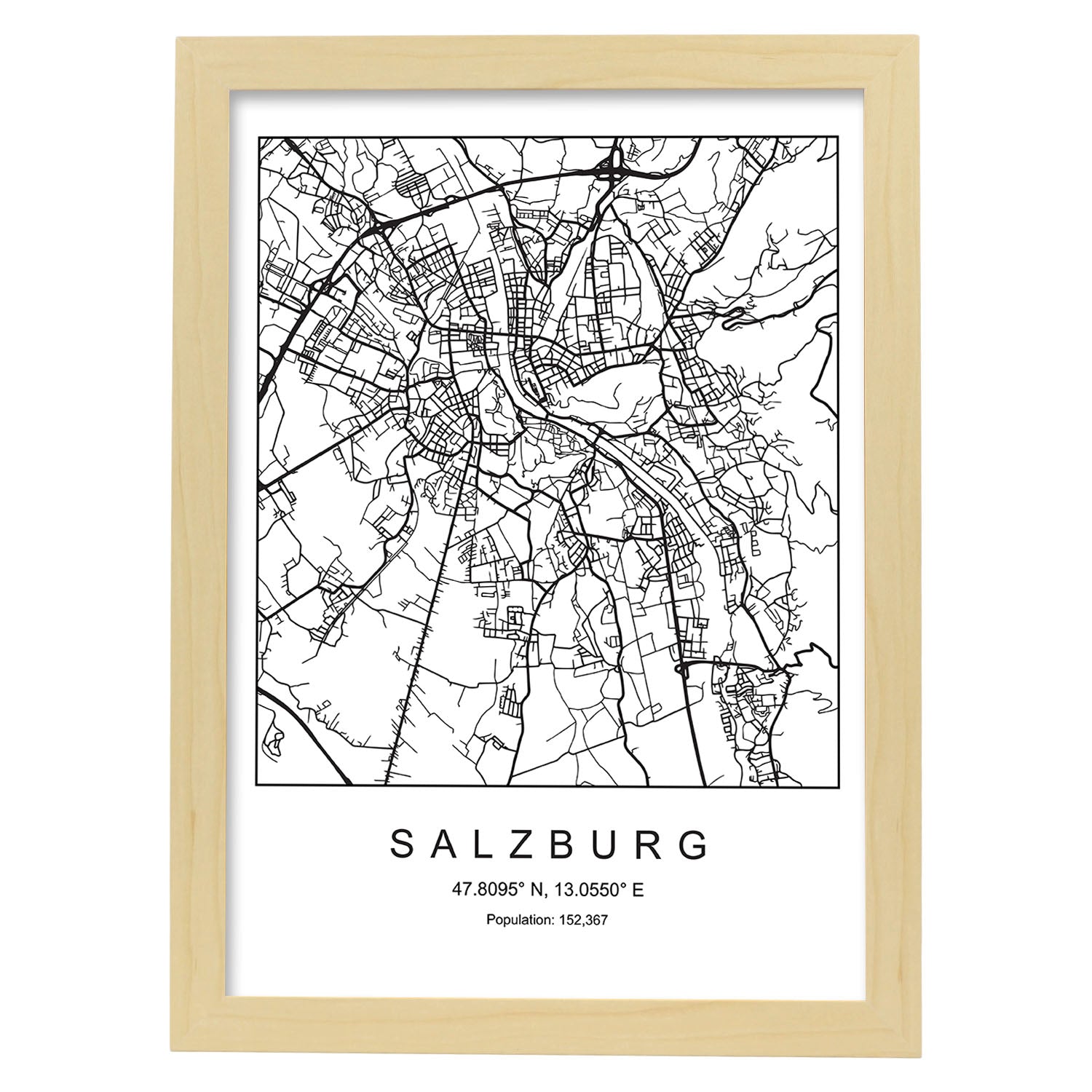 Lámina mapa de la ciudad Salzburg estilo nordico en blanco y negro.-Artwork-Nacnic-A3-Marco Madera clara-Nacnic Estudio SL