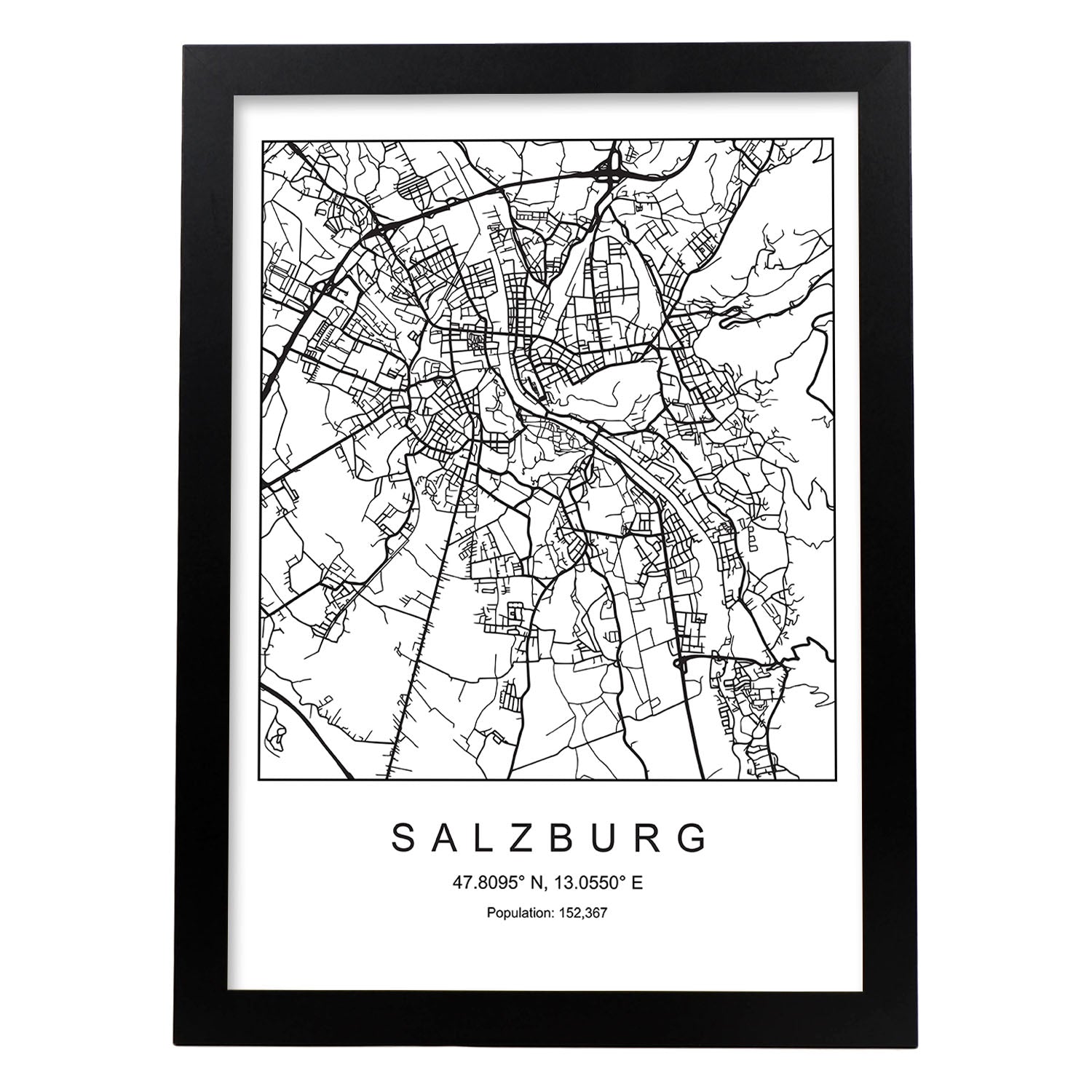 Lámina mapa de la ciudad Salzburg estilo nordico en blanco y negro.-Artwork-Nacnic-A3-Marco Negro-Nacnic Estudio SL