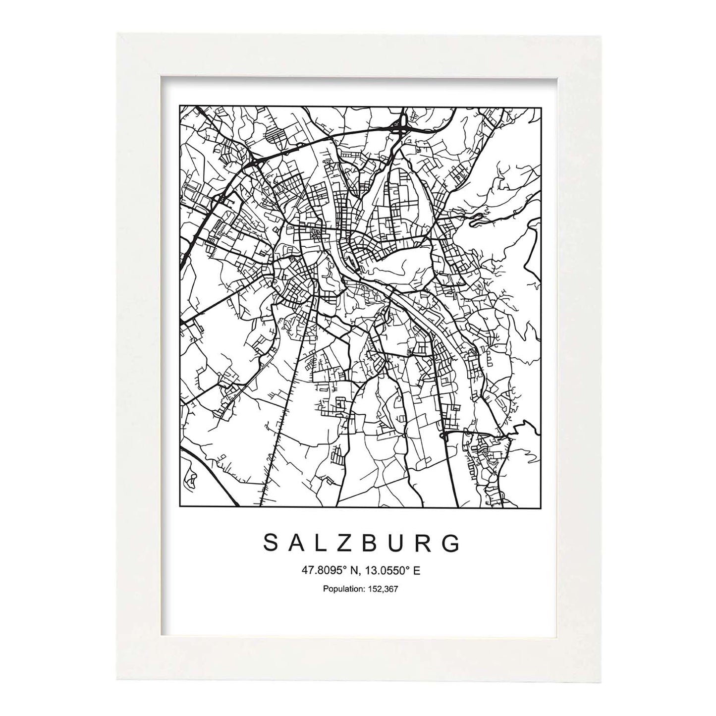 Lámina mapa de la ciudad Salzburg estilo nordico en blanco y negro.-Artwork-Nacnic-A4-Marco Blanco-Nacnic Estudio SL