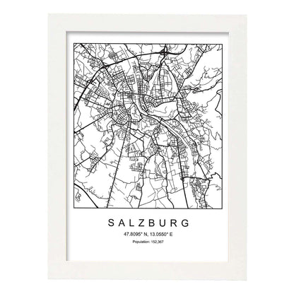 Lámina mapa de la ciudad Salzburg estilo nordico en blanco y negro.-Artwork-Nacnic-A4-Marco Blanco-Nacnic Estudio SL