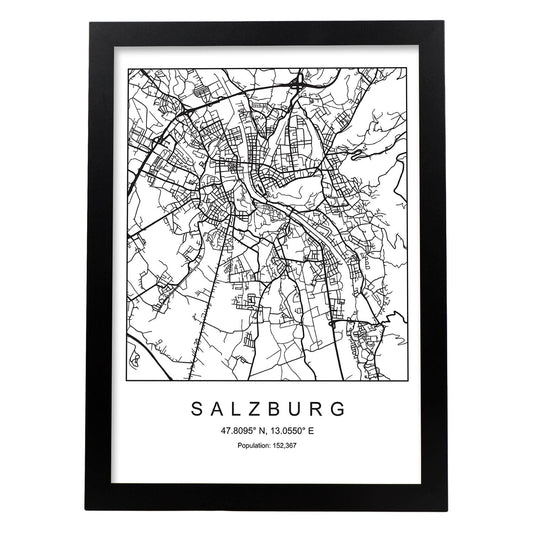 Lámina mapa de la ciudad Salzburg estilo nordico en blanco y negro.-Artwork-Nacnic-A4-Marco Negro-Nacnic Estudio SL