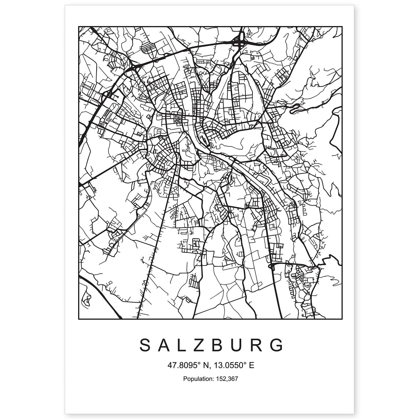 Lámina mapa de la ciudad Salzburg estilo nordico en blanco y negro.-Artwork-Nacnic-A4-Sin marco-Nacnic Estudio SL