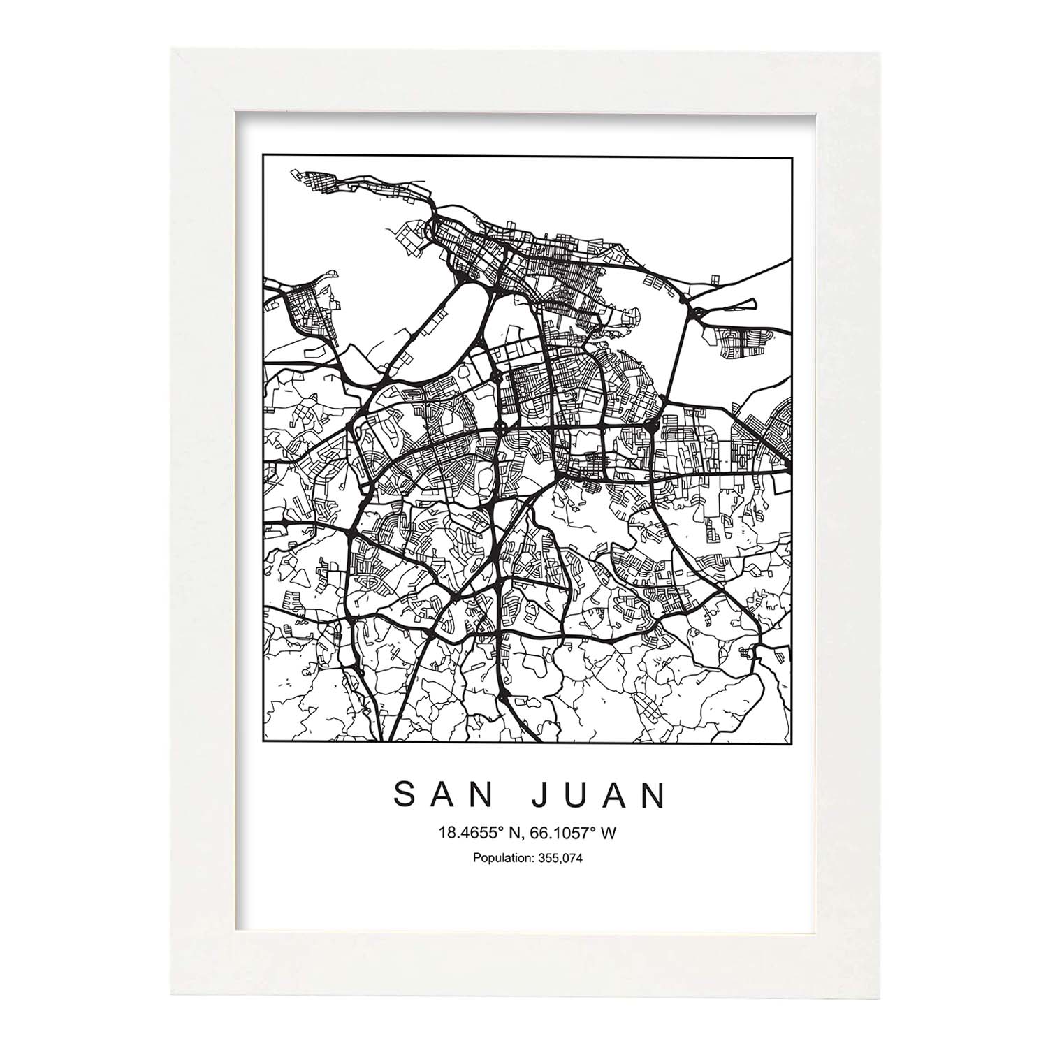 Lámina mapa de la ciudad San juan estilo nordico en blanco y negro.-Artwork-Nacnic-A3-Marco Blanco-Nacnic Estudio SL