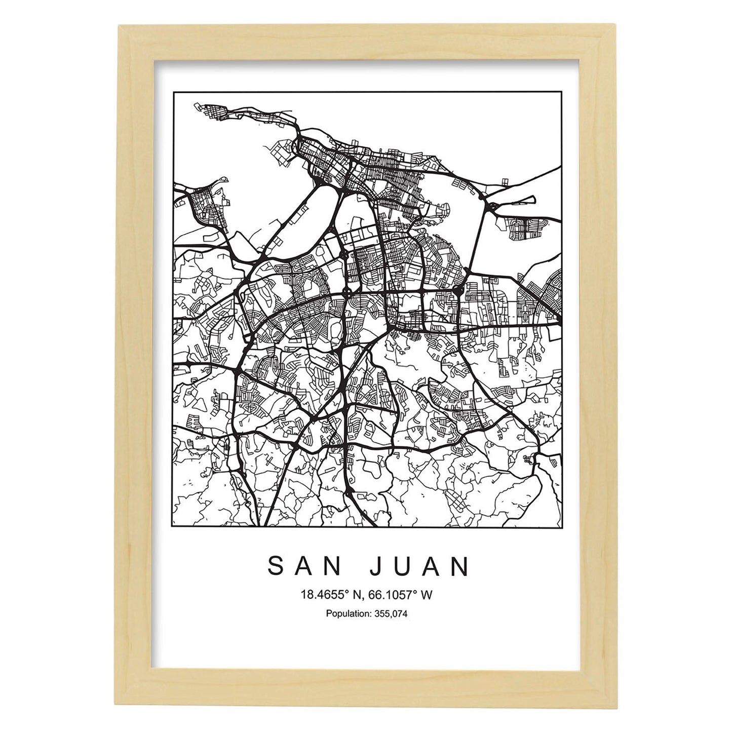 Lámina mapa de la ciudad San juan estilo nordico en blanco y negro.-Artwork-Nacnic-A3-Marco Madera clara-Nacnic Estudio SL