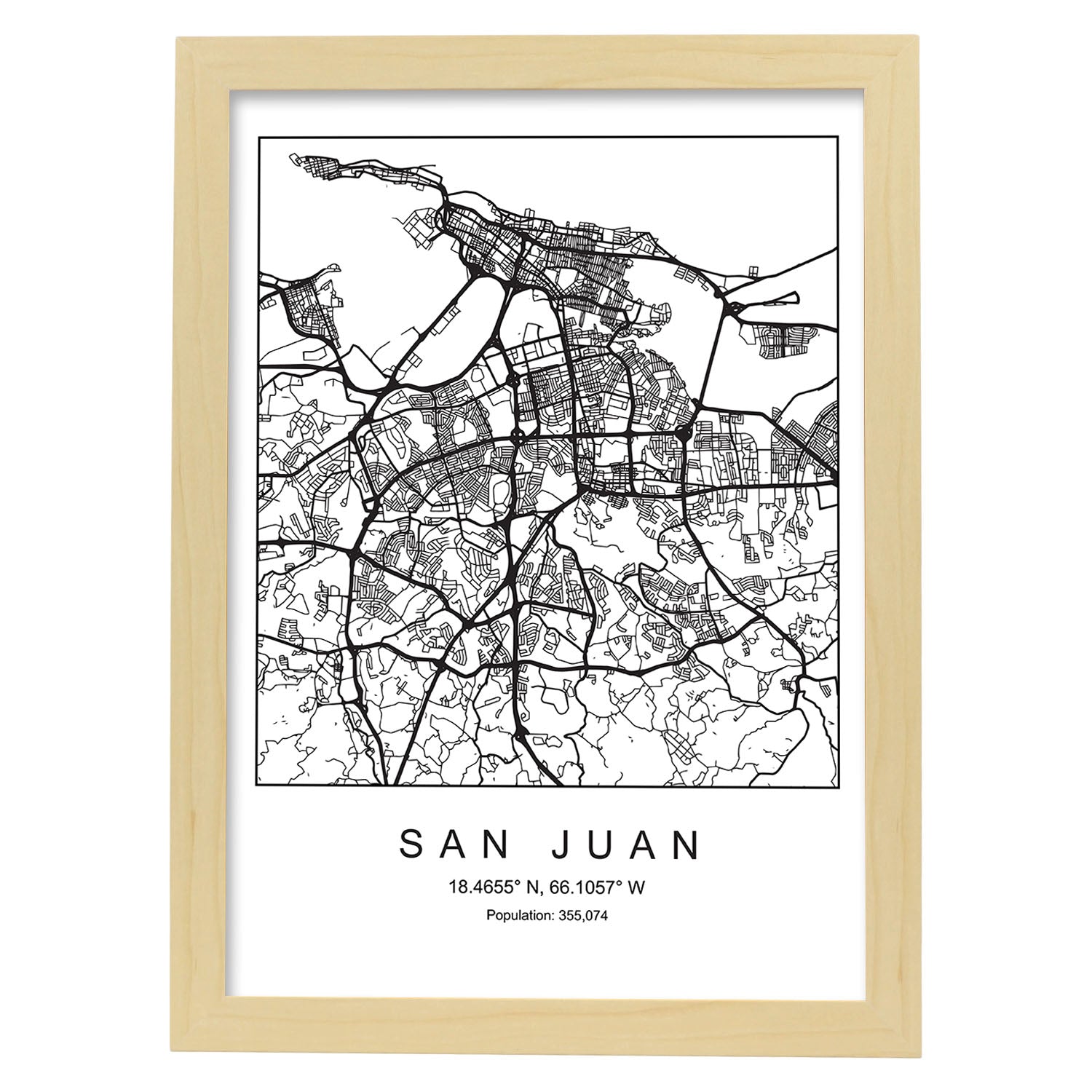 Lámina mapa de la ciudad San juan estilo nordico en blanco y negro.-Artwork-Nacnic-A3-Marco Madera clara-Nacnic Estudio SL