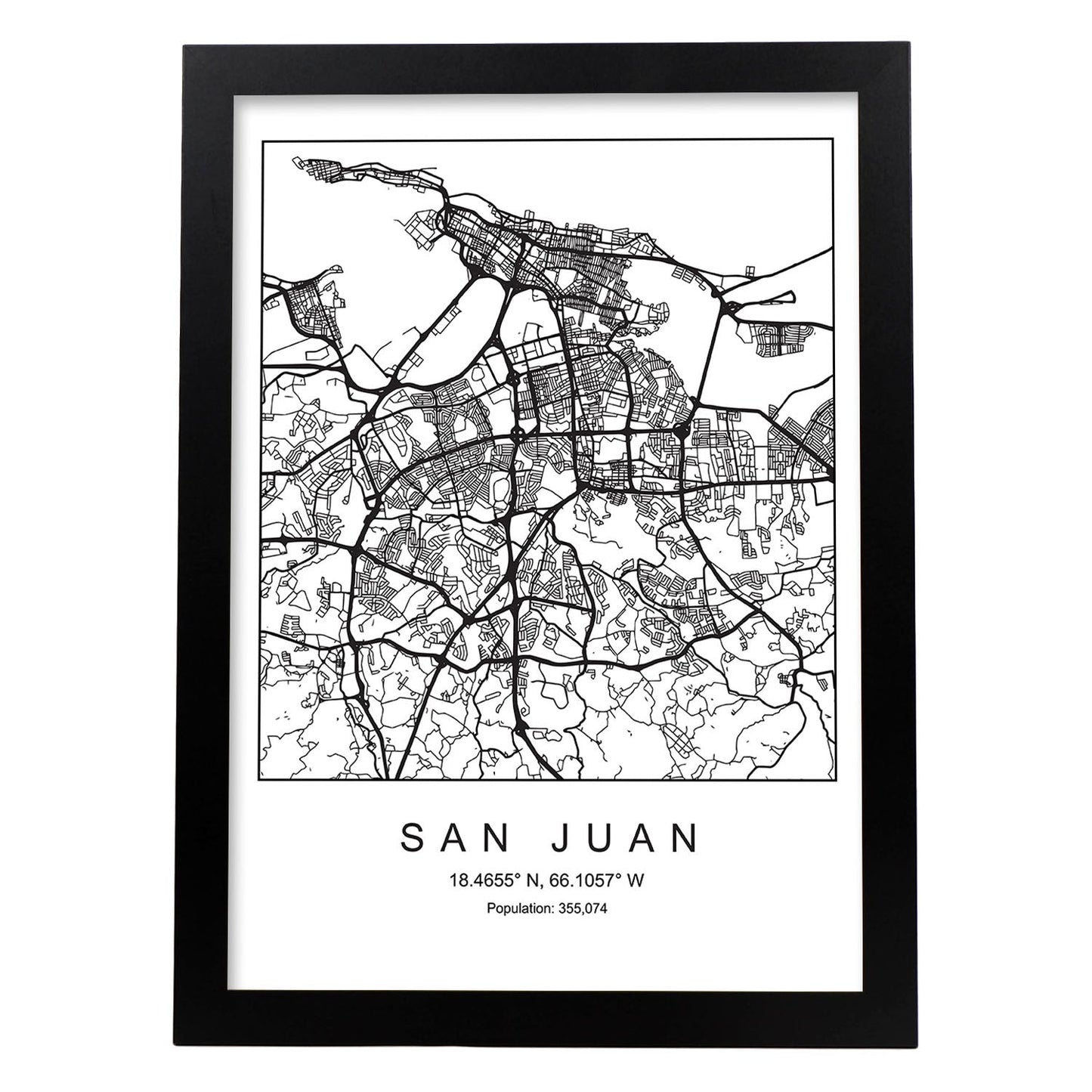 Lámina mapa de la ciudad San juan estilo nordico en blanco y negro.-Artwork-Nacnic-A3-Marco Negro-Nacnic Estudio SL