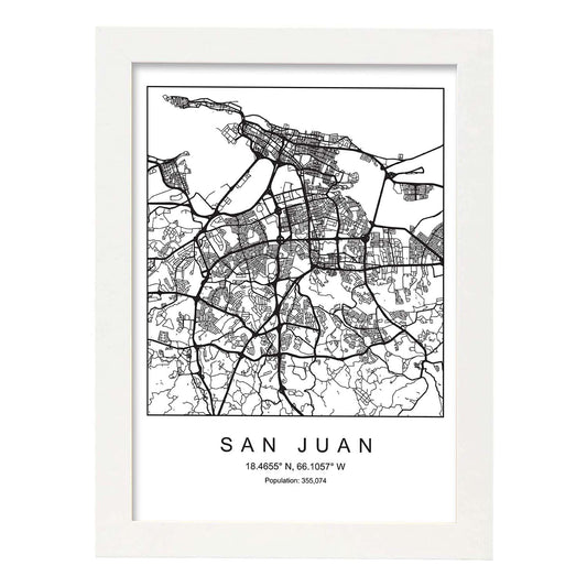 Lámina mapa de la ciudad San juan estilo nordico en blanco y negro.-Artwork-Nacnic-A4-Marco Blanco-Nacnic Estudio SL