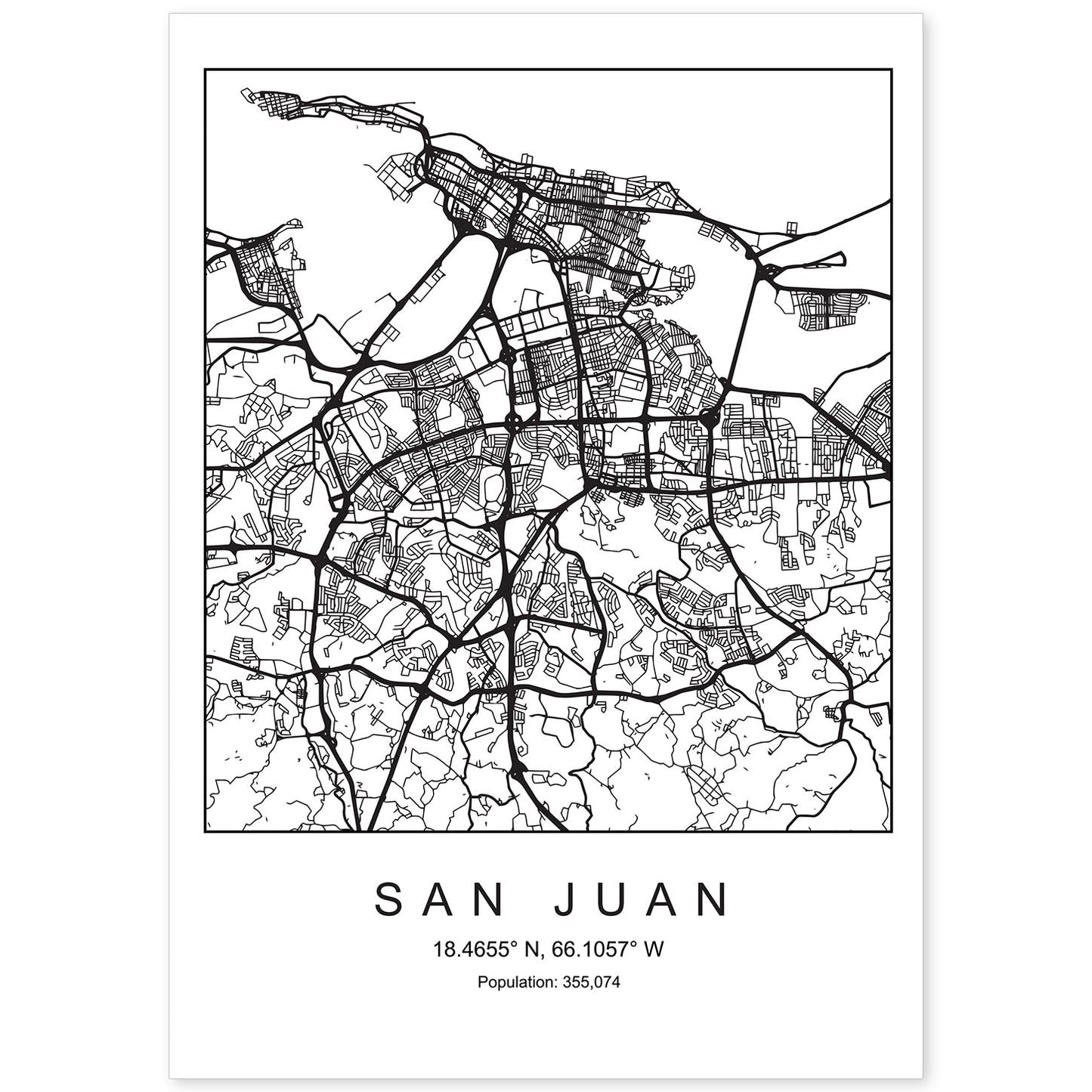 Lámina mapa de la ciudad San juan estilo nordico en blanco y negro.-Artwork-Nacnic-A4-Sin marco-Nacnic Estudio SL