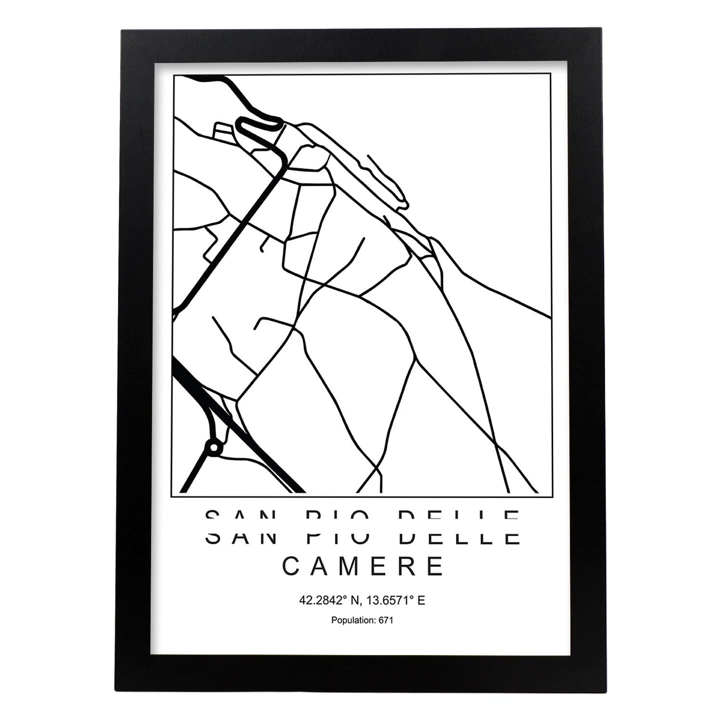 Lámina mapa de la ciudad San pio delle camere estilo nordico en blanco y negro.-Artwork-Nacnic-A3-Marco Negro-Nacnic Estudio SL