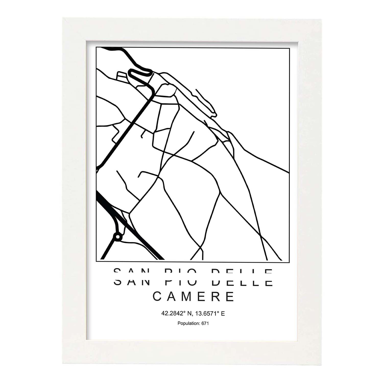 Lámina mapa de la ciudad San pio delle camere estilo nordico en blanco y negro.-Artwork-Nacnic-A4-Marco Blanco-Nacnic Estudio SL