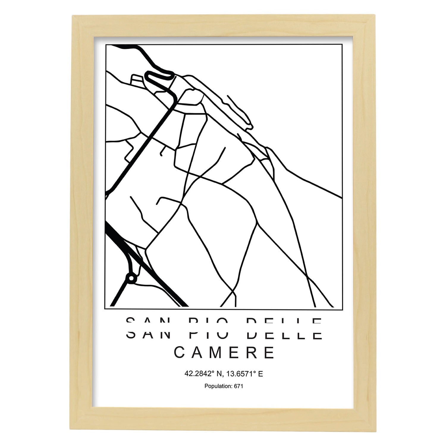 Lámina mapa de la ciudad San pio delle camere estilo nordico en blanco y negro.-Artwork-Nacnic-A4-Marco Madera clara-Nacnic Estudio SL
