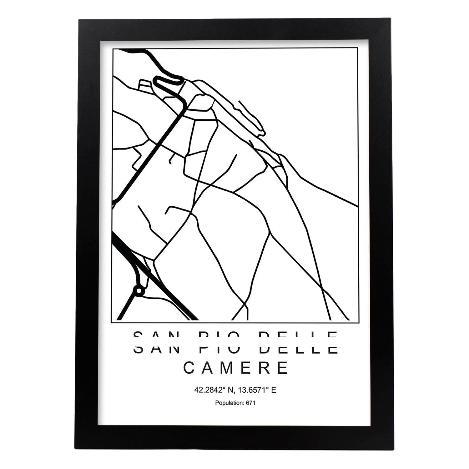 Lámina mapa de la ciudad San pio delle camere estilo nordico en blanco y negro.-Artwork-Nacnic-A4-Marco Negro-Nacnic Estudio SL