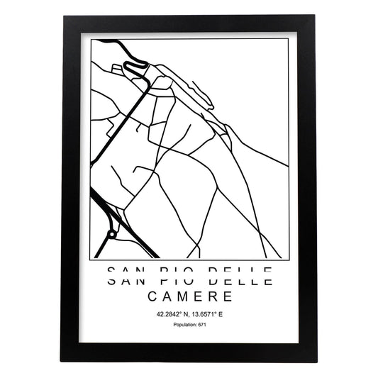 Lámina mapa de la ciudad San pio delle camere estilo nordico en blanco y negro.-Artwork-Nacnic-A4-Marco Negro-Nacnic Estudio SL