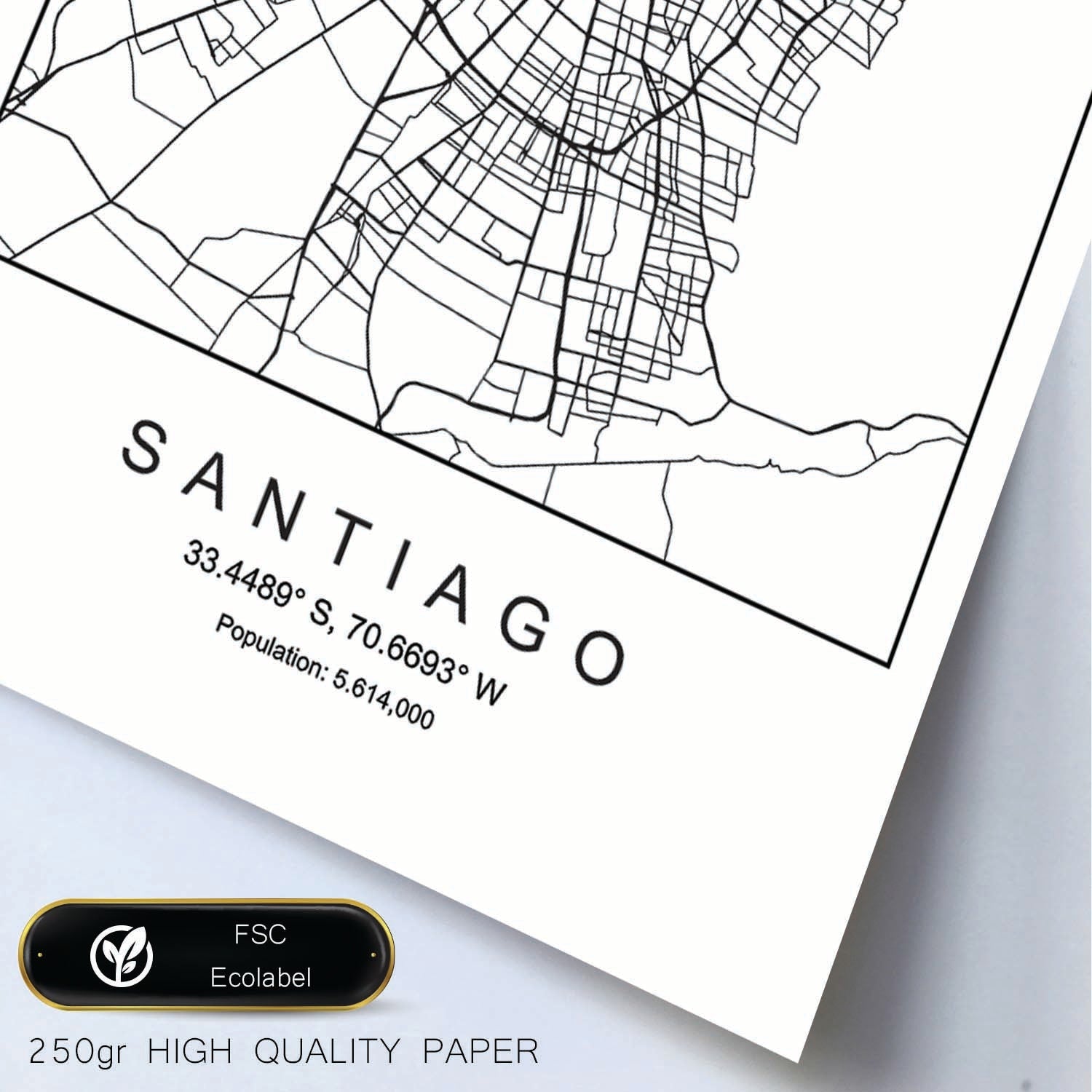 Lámina mapa de la ciudad Santiago estilo nordico en blanco y negro.-Artwork-Nacnic-Nacnic Estudio SL