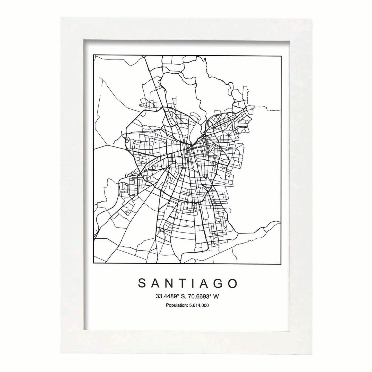 Lámina mapa de la ciudad Santiago estilo nordico en blanco y negro.-Artwork-Nacnic-A3-Marco Blanco-Nacnic Estudio SL