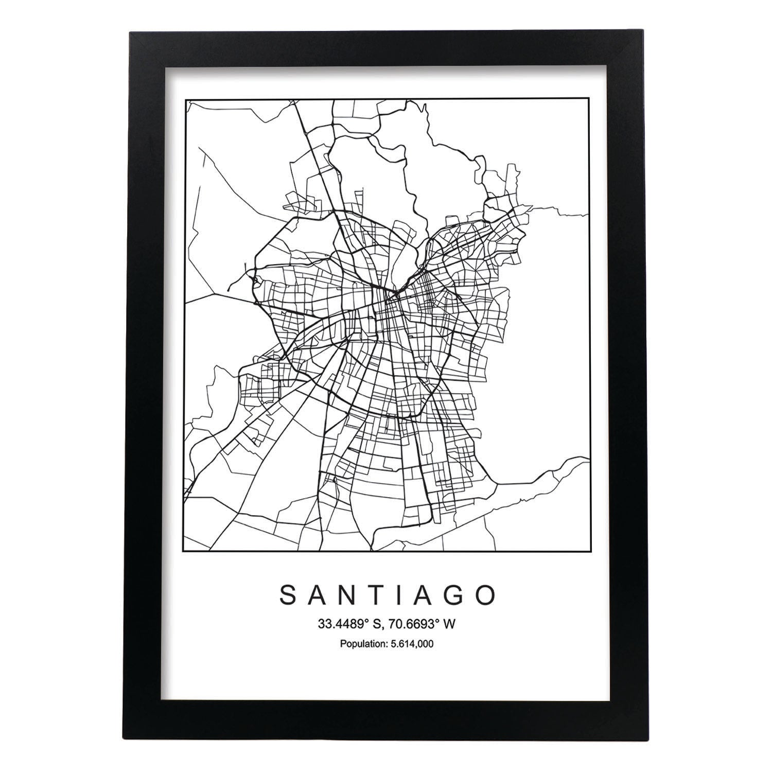 Lámina mapa de la ciudad Santiago estilo nordico en blanco y negro.-Artwork-Nacnic-A3-Marco Negro-Nacnic Estudio SL