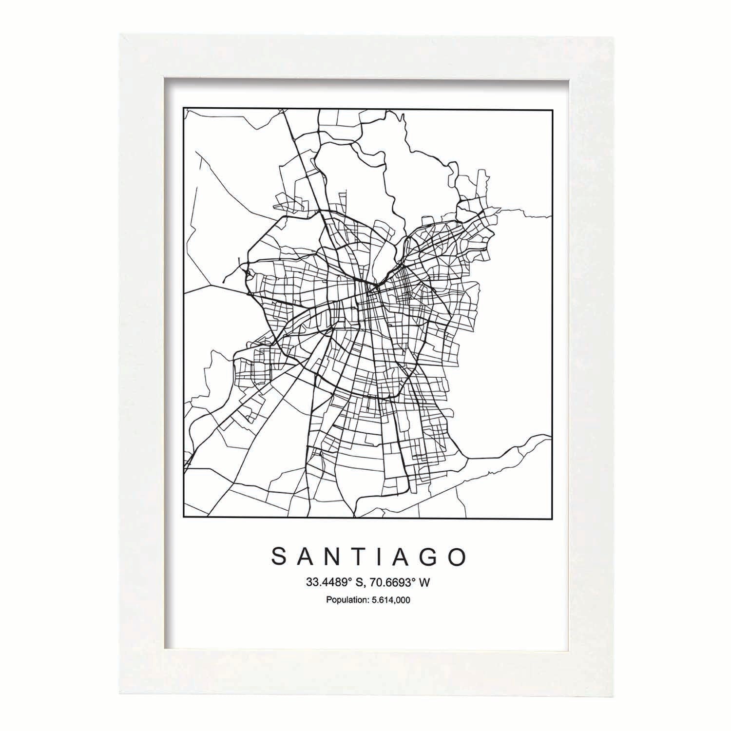 Lámina mapa de la ciudad Santiago estilo nordico en blanco y negro.-Artwork-Nacnic-A4-Marco Blanco-Nacnic Estudio SL