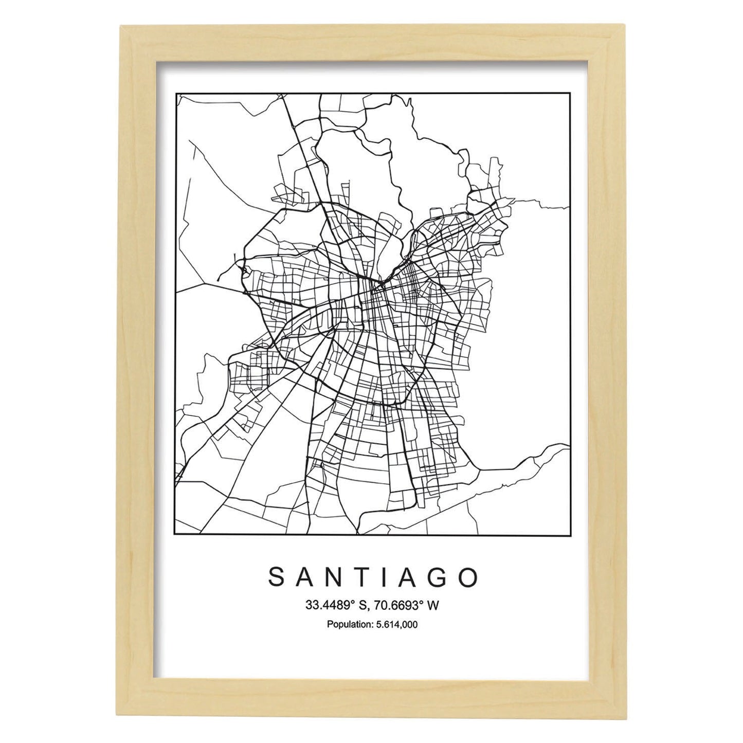 Lámina mapa de la ciudad Santiago estilo nordico en blanco y negro.-Artwork-Nacnic-A4-Marco Madera clara-Nacnic Estudio SL