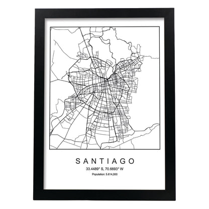 Lámina mapa de la ciudad Santiago estilo nordico en blanco y negro.-Artwork-Nacnic-A4-Marco Negro-Nacnic Estudio SL
