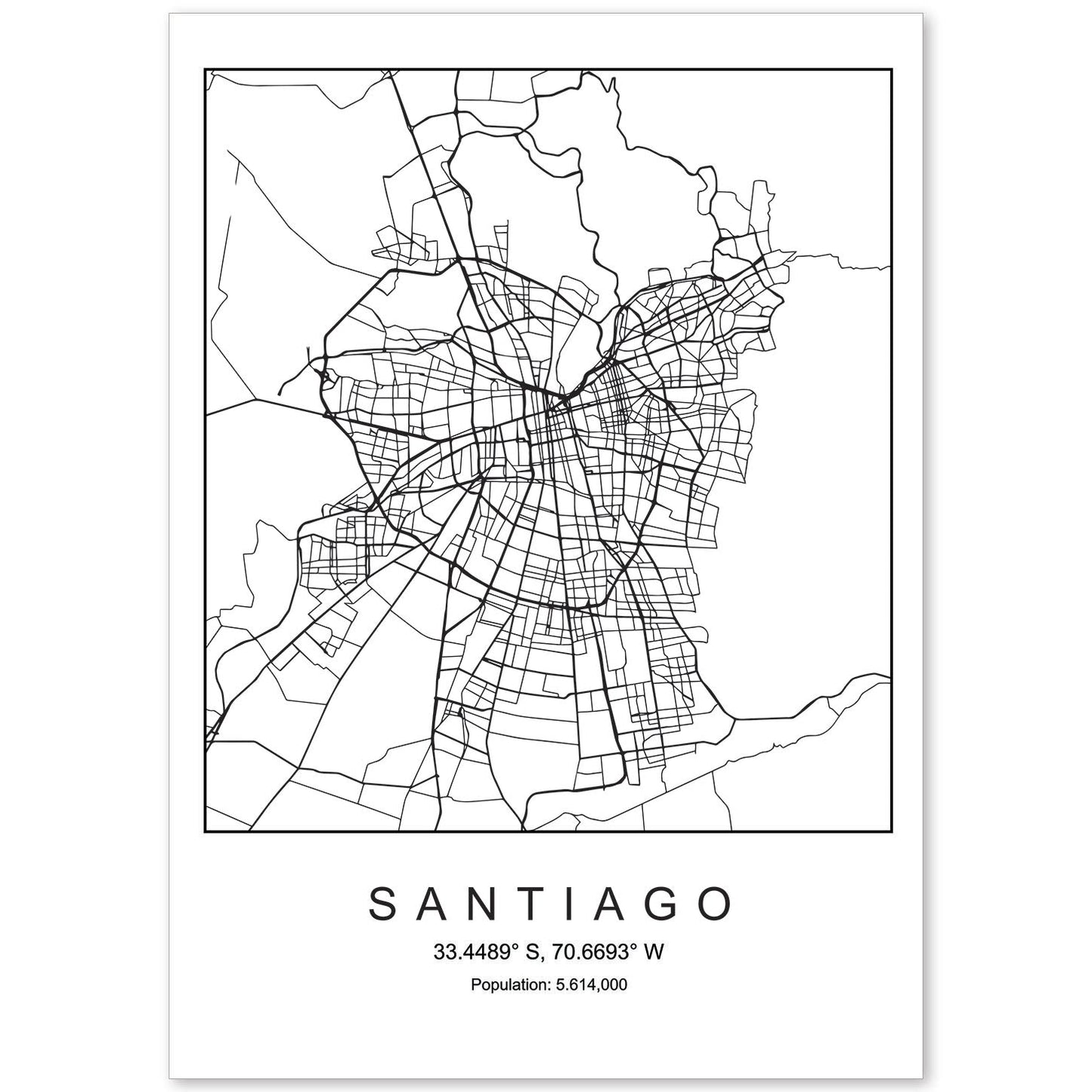 Lámina mapa de la ciudad Santiago estilo nordico en blanco y negro.-Artwork-Nacnic-A4-Sin marco-Nacnic Estudio SL
