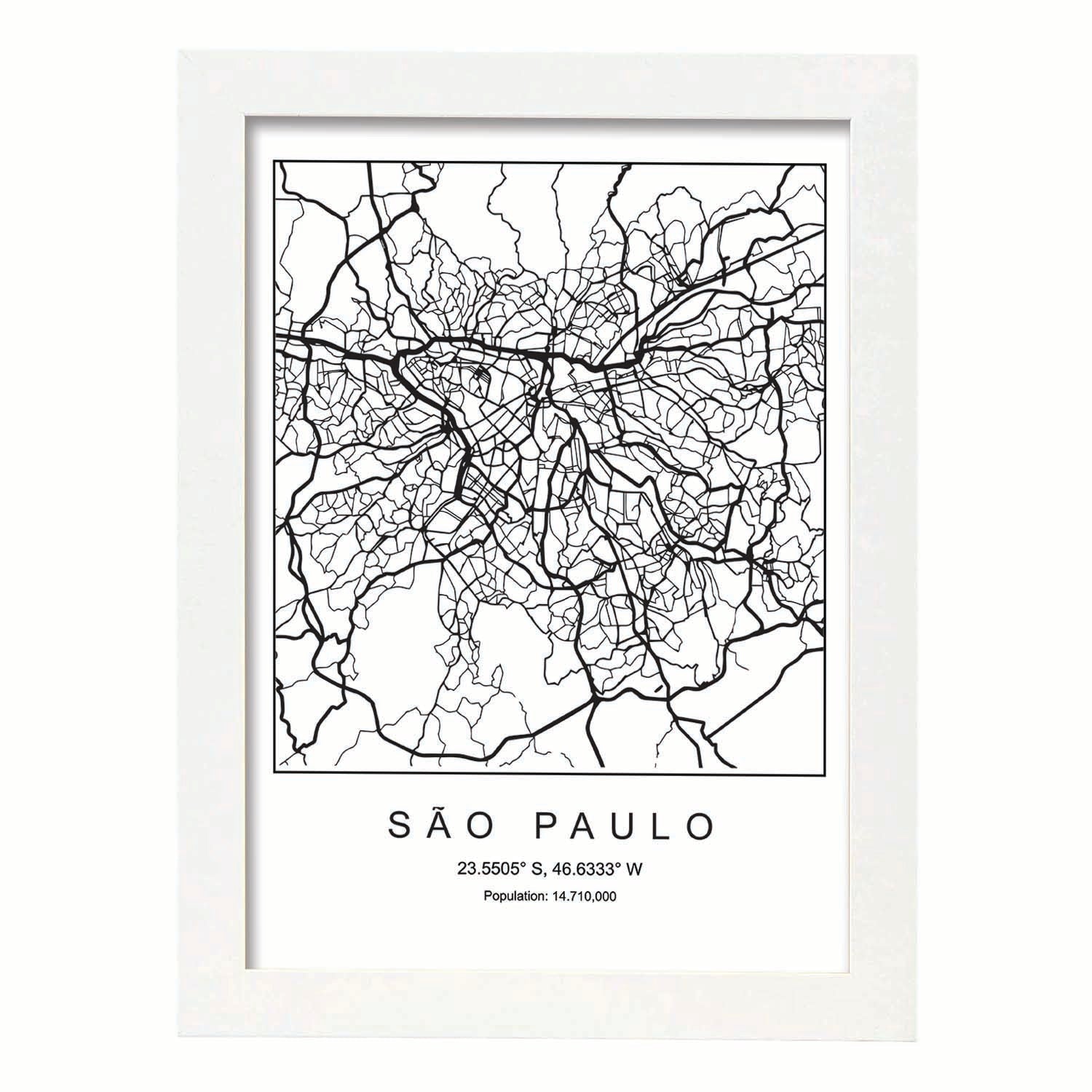 Lámina mapa de la ciudad Sao paulo estilo nordico en blanco y negro.-Artwork-Nacnic-A3-Marco Blanco-Nacnic Estudio SL