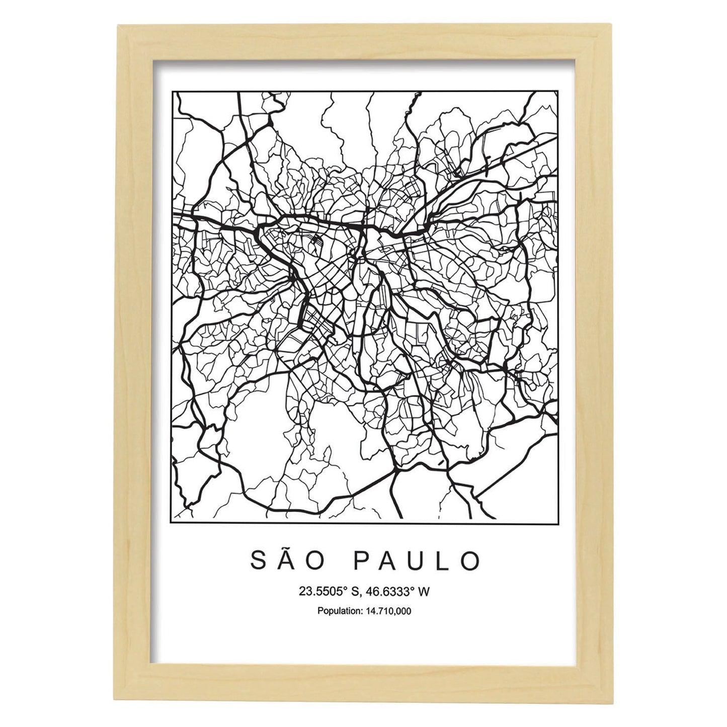 Lámina mapa de la ciudad Sao paulo estilo nordico en blanco y negro.-Artwork-Nacnic-A3-Marco Madera clara-Nacnic Estudio SL