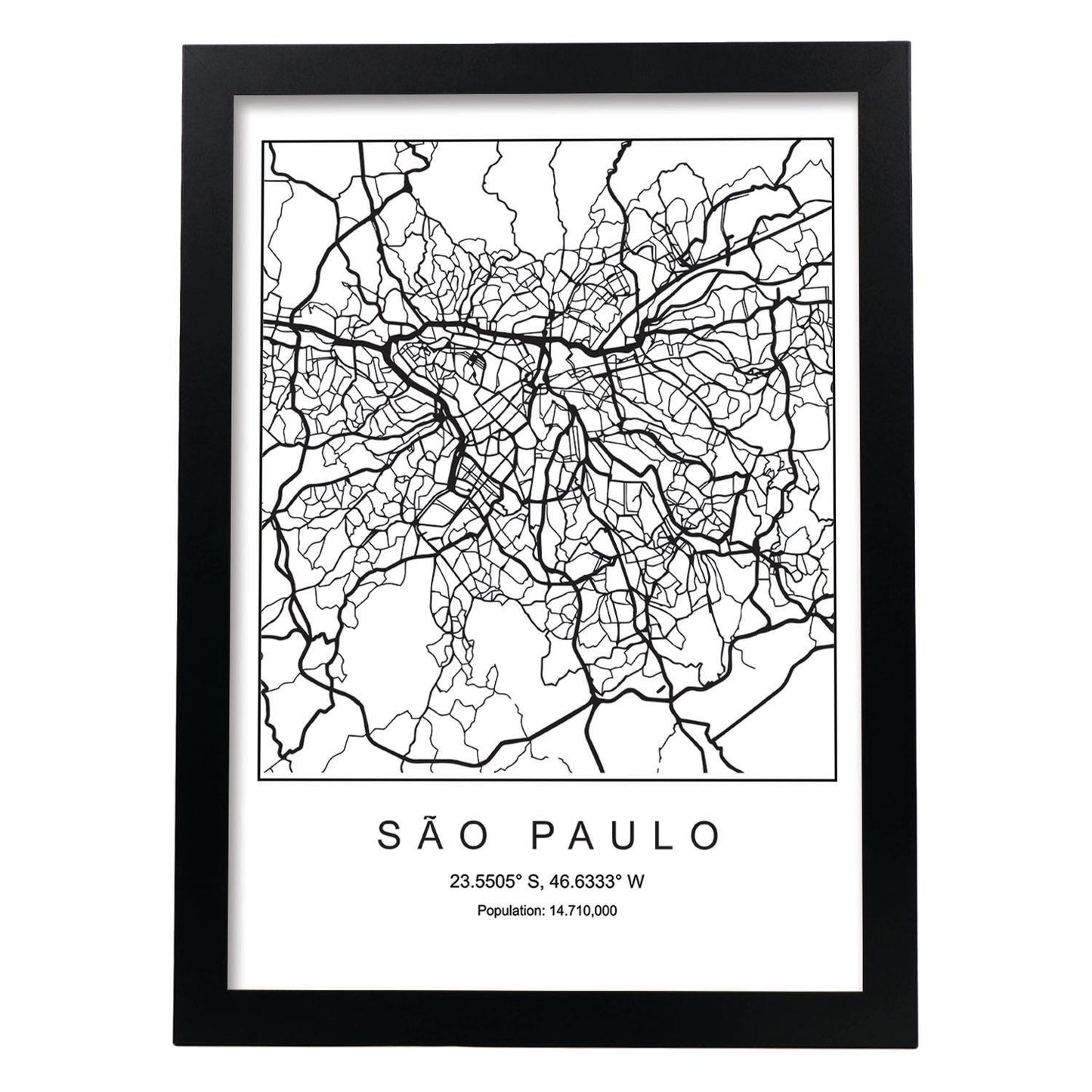 Lámina mapa de la ciudad Sao paulo estilo nordico en blanco y negro.-Artwork-Nacnic-A3-Marco Negro-Nacnic Estudio SL