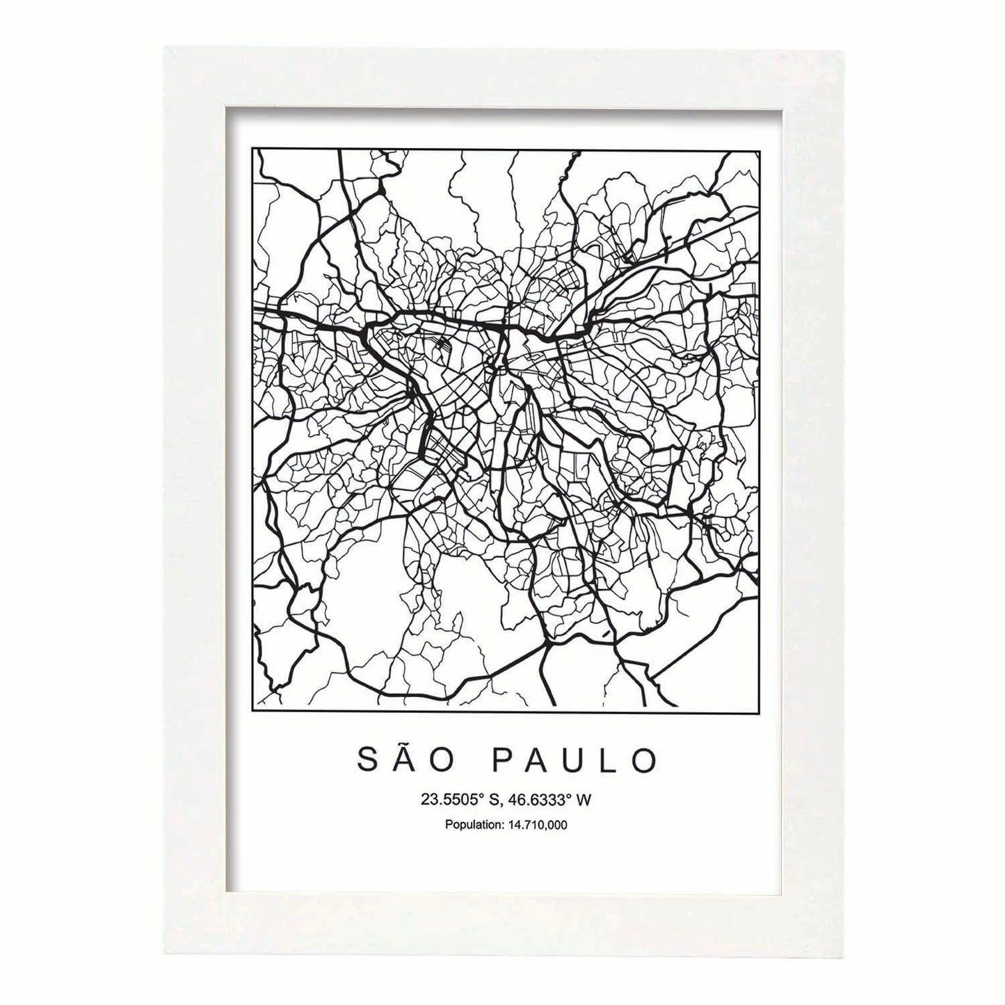 Lámina mapa de la ciudad Sao paulo estilo nordico en blanco y negro.-Artwork-Nacnic-A4-Marco Blanco-Nacnic Estudio SL