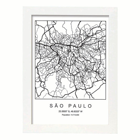 Lámina mapa de la ciudad Sao paulo estilo nordico en blanco y negro.-Artwork-Nacnic-A4-Marco Blanco-Nacnic Estudio SL