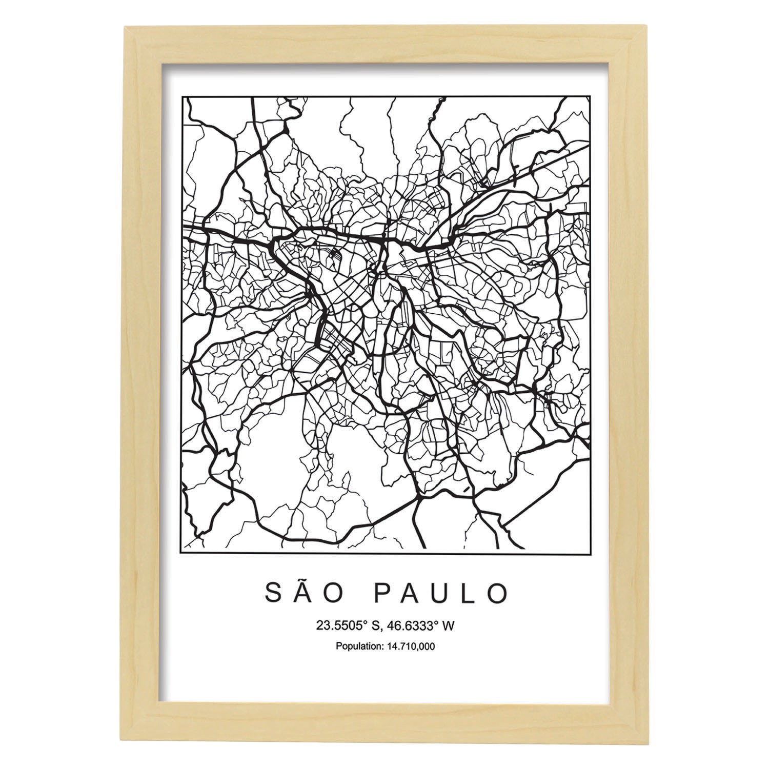 Lámina mapa de la ciudad Sao paulo estilo nordico en blanco y negro.-Artwork-Nacnic-A4-Marco Madera clara-Nacnic Estudio SL