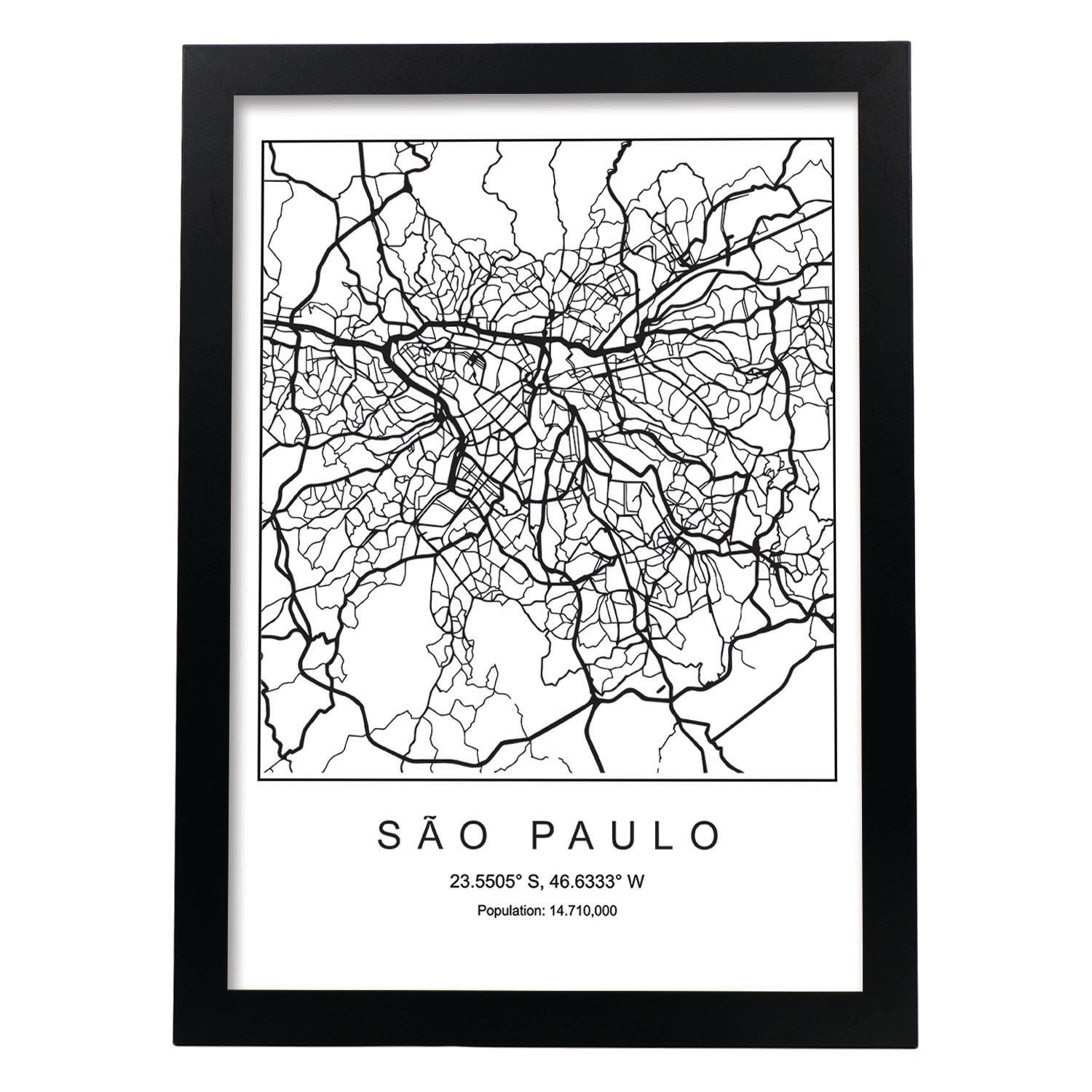 Lámina mapa de la ciudad Sao paulo estilo nordico en blanco y negro.-Artwork-Nacnic-A4-Marco Negro-Nacnic Estudio SL