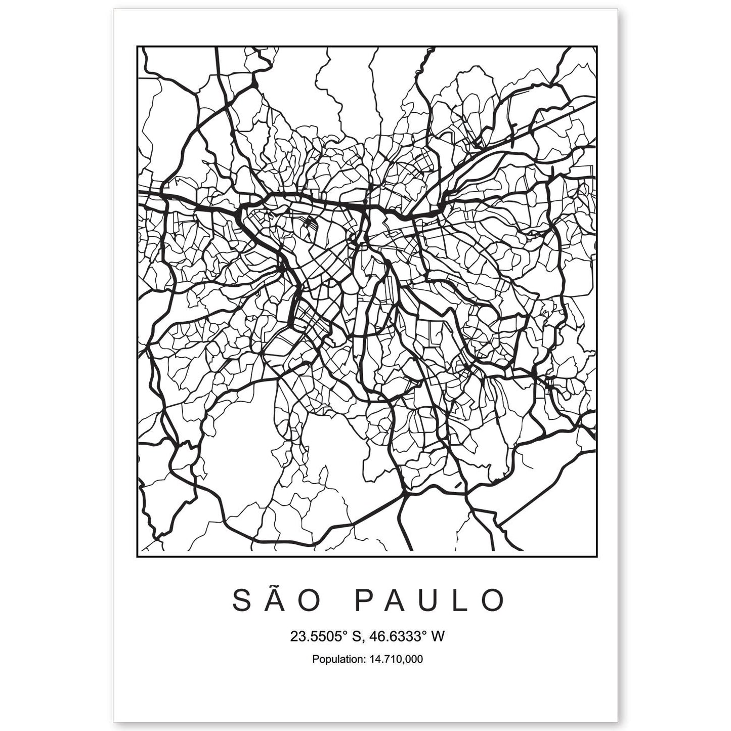 Lámina mapa de la ciudad Sao paulo estilo nordico en blanco y negro.-Artwork-Nacnic-A4-Sin marco-Nacnic Estudio SL