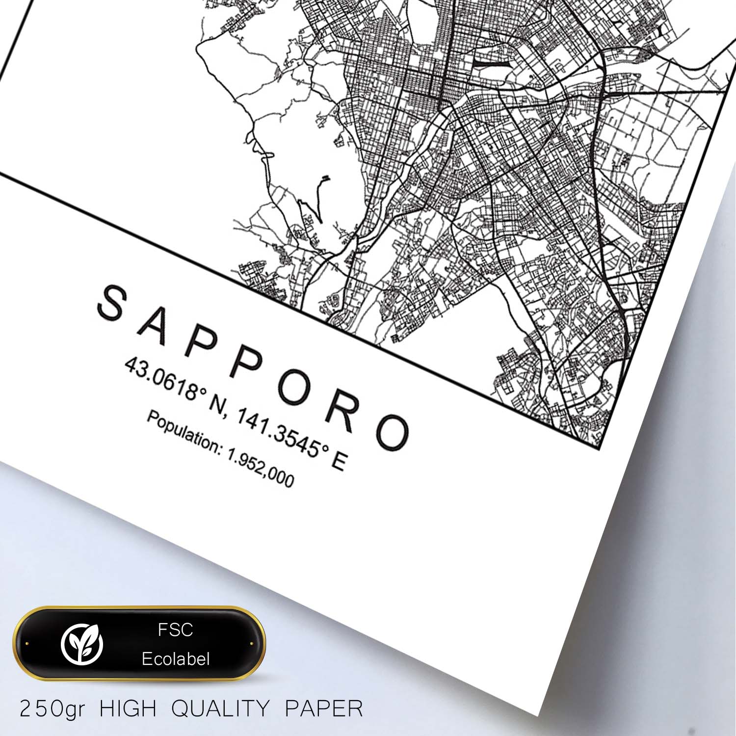 Lámina mapa de la ciudad Sapporo estilo nordico en blanco y negro.-Artwork-Nacnic-Nacnic Estudio SL