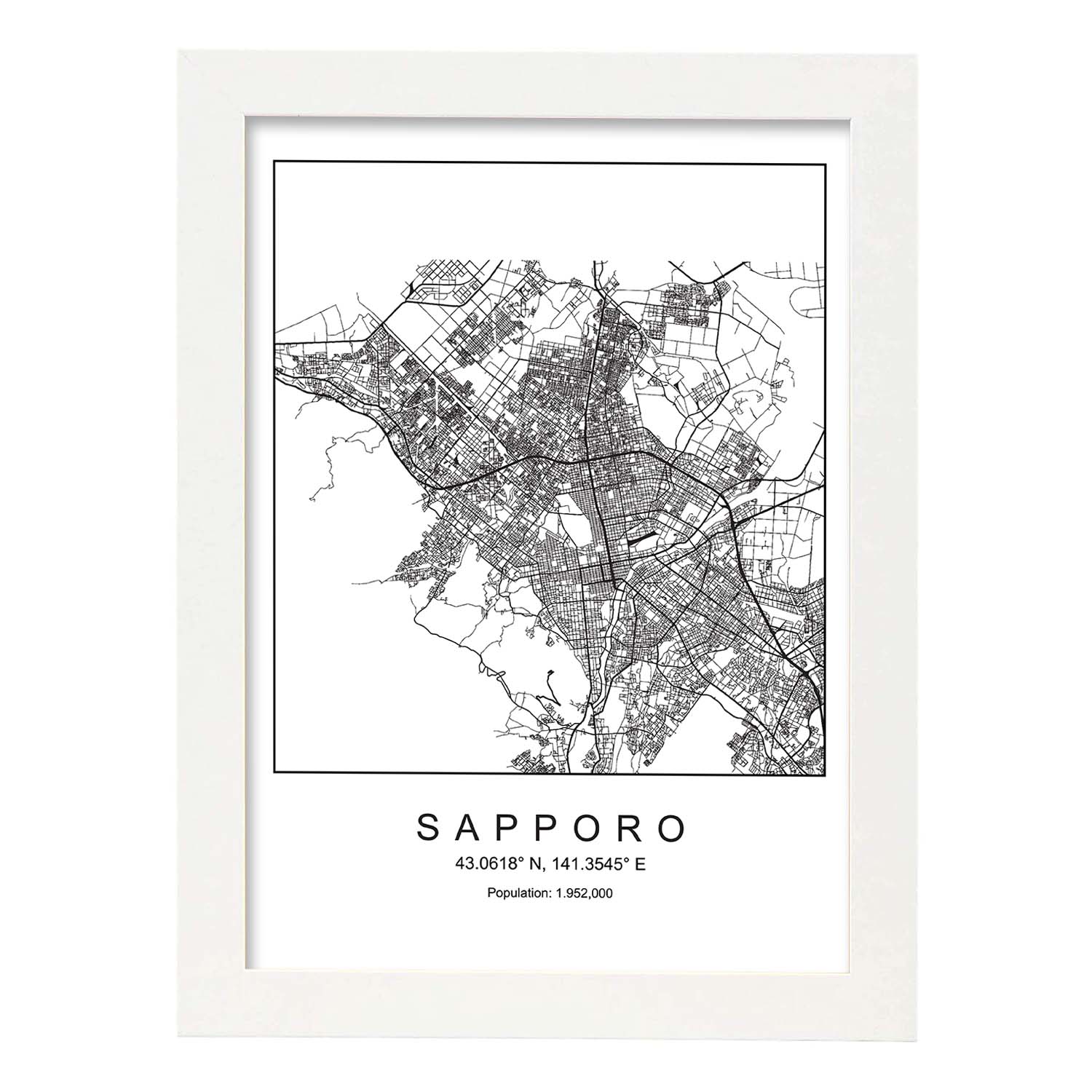 Lámina mapa de la ciudad Sapporo estilo nordico en blanco y negro.-Artwork-Nacnic-A3-Marco Blanco-Nacnic Estudio SL