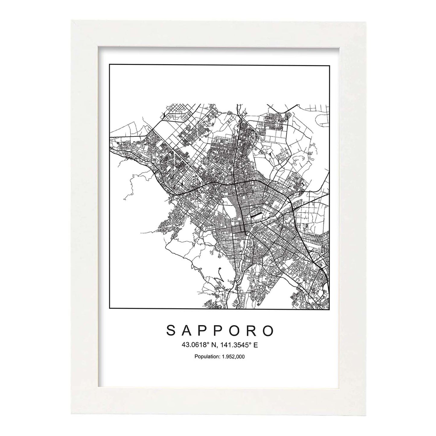 Lámina mapa de la ciudad Sapporo estilo nordico en blanco y negro.-Artwork-Nacnic-A4-Marco Blanco-Nacnic Estudio SL