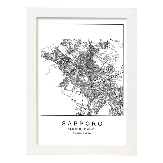 Lámina mapa de la ciudad Sapporo estilo nordico en blanco y negro.-Artwork-Nacnic-A4-Marco Blanco-Nacnic Estudio SL