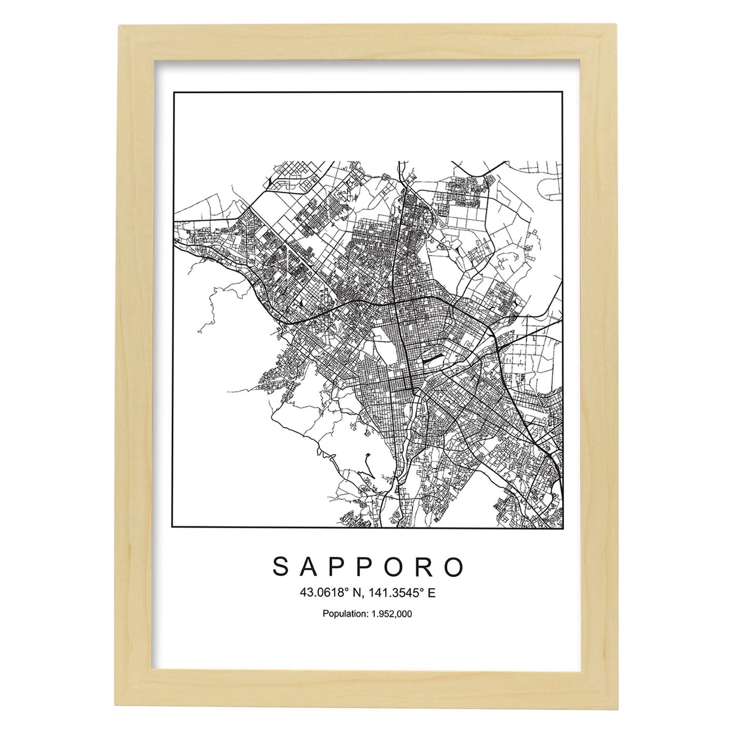 Lámina mapa de la ciudad Sapporo estilo nordico en blanco y negro.-Artwork-Nacnic-A4-Marco Madera clara-Nacnic Estudio SL