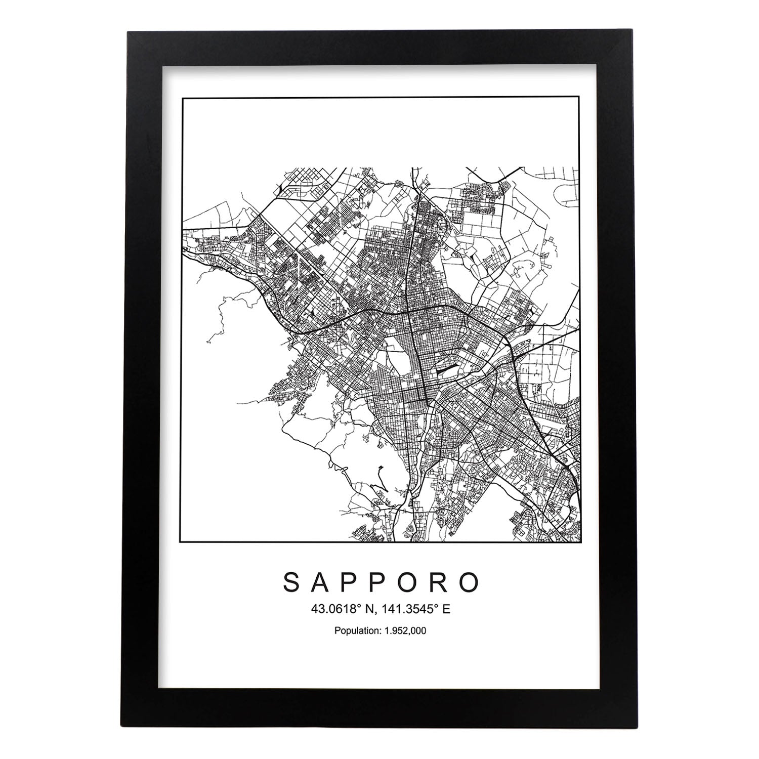 Lámina mapa de la ciudad Sapporo estilo nordico en blanco y negro.-Artwork-Nacnic-A4-Marco Negro-Nacnic Estudio SL