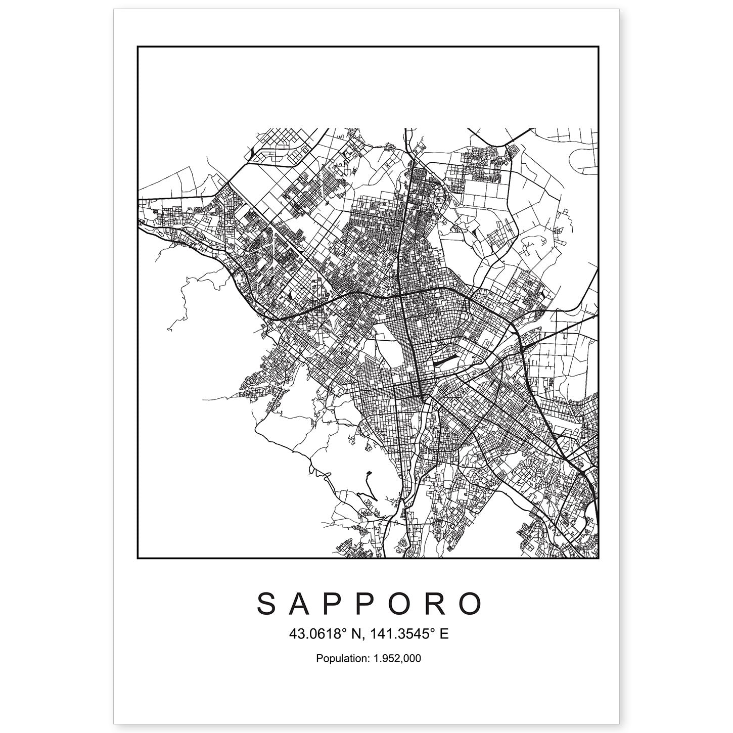 Lámina mapa de la ciudad Sapporo estilo nordico en blanco y negro.-Artwork-Nacnic-A4-Sin marco-Nacnic Estudio SL