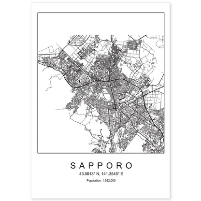 Lámina mapa de la ciudad Sapporo estilo nordico en blanco y negro.-Artwork-Nacnic-A4-Sin marco-Nacnic Estudio SL