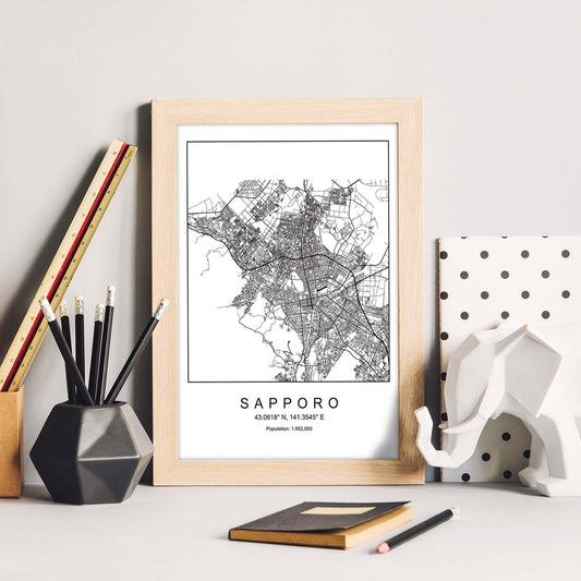 Lámina mapa de la ciudad Sapporo estilo nordico en blanco y negro.-Artwork-Nacnic-Nacnic Estudio SL