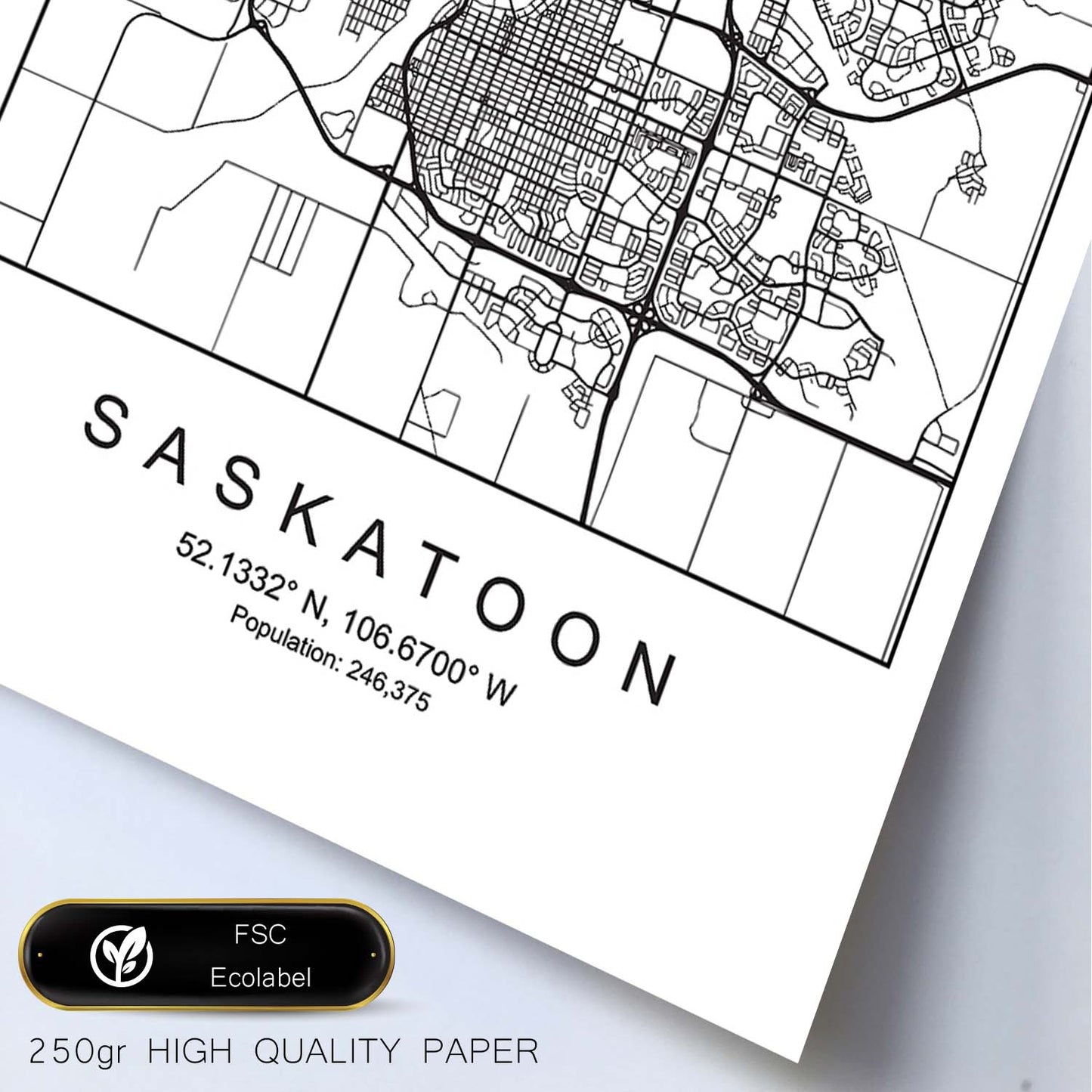 Lámina mapa de la ciudad Saskatoon estilo nordico en blanco y negro.-Artwork-Nacnic-Nacnic Estudio SL