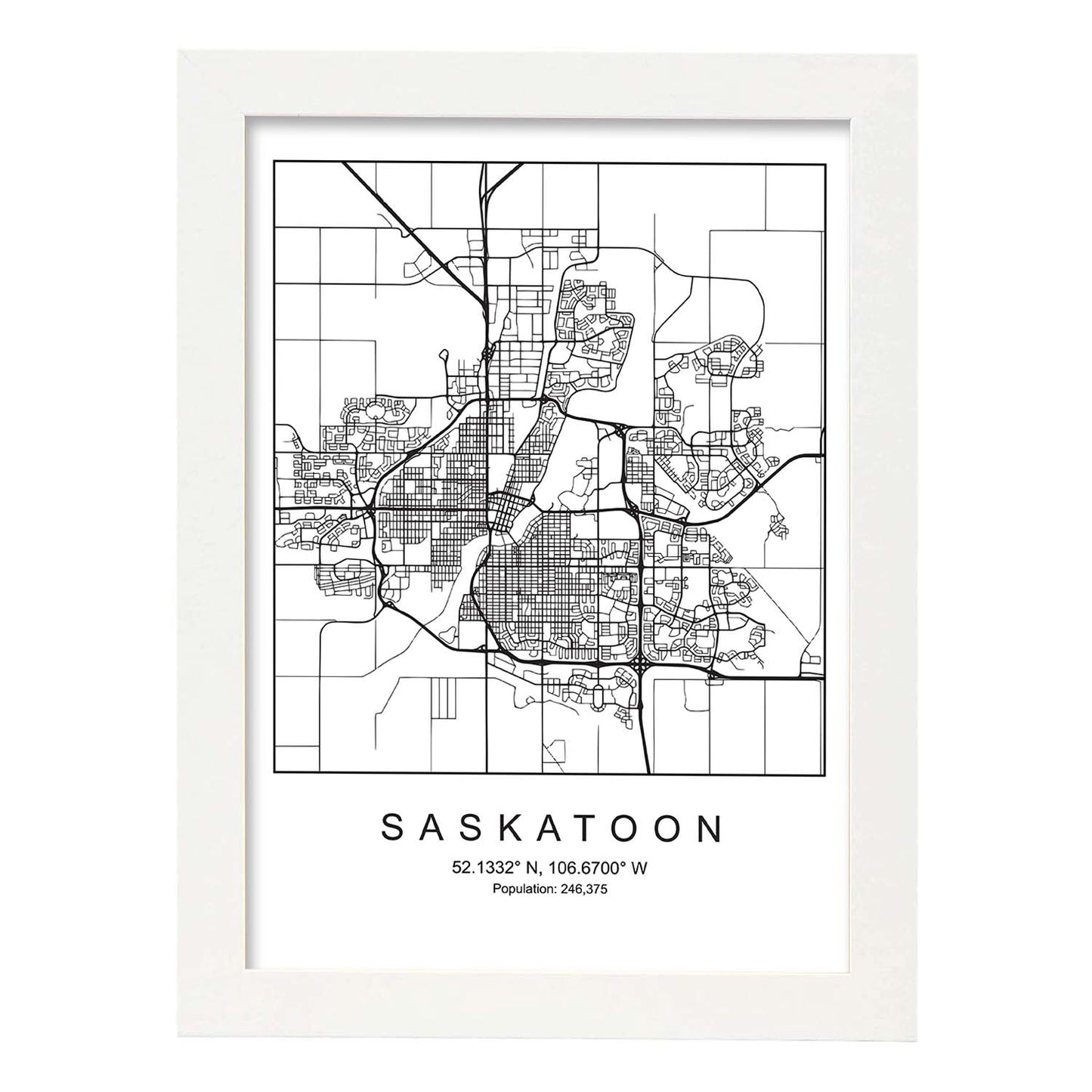 Lámina mapa de la ciudad Saskatoon estilo nordico en blanco y negro.-Artwork-Nacnic-A3-Marco Blanco-Nacnic Estudio SL