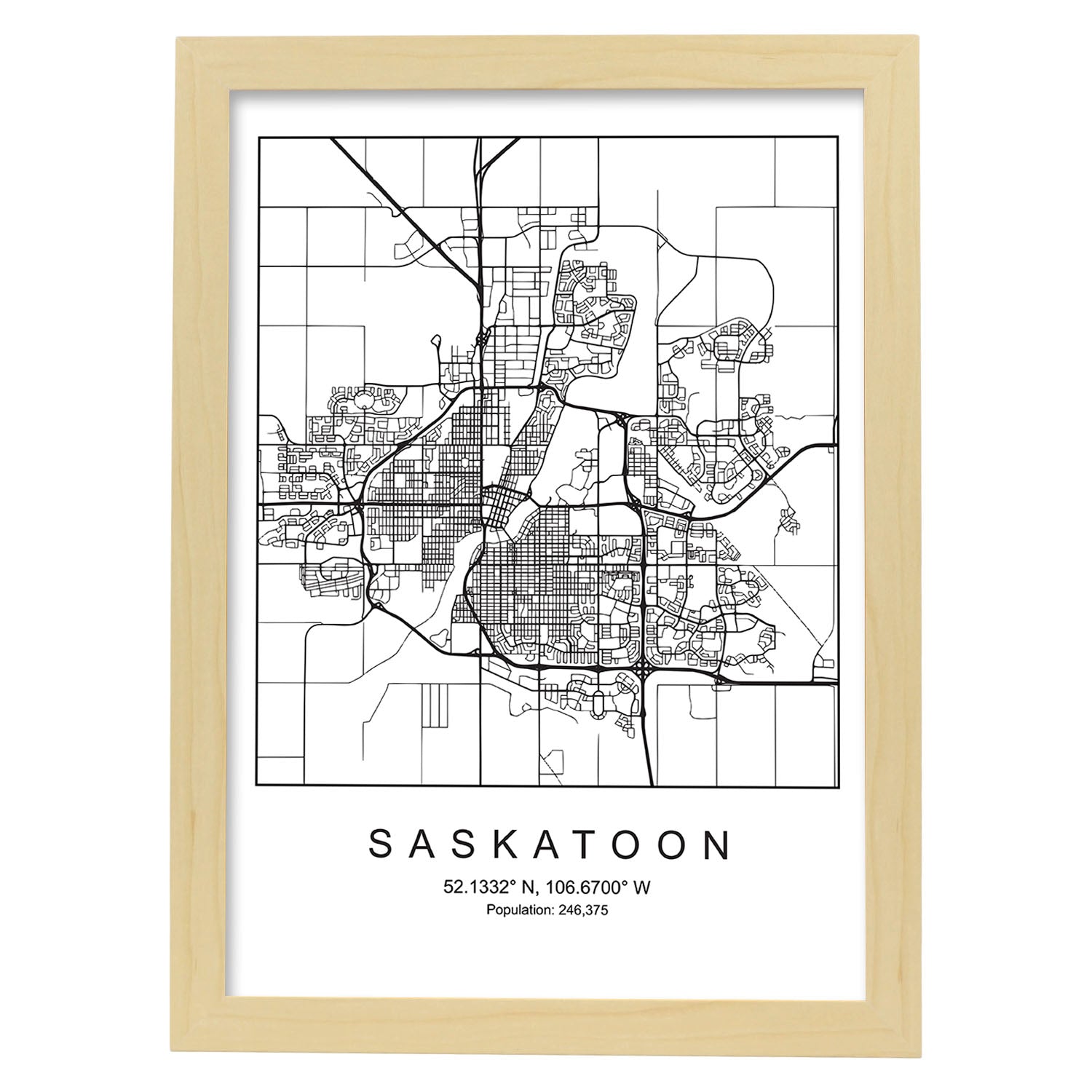 Lámina mapa de la ciudad Saskatoon estilo nordico en blanco y negro.-Artwork-Nacnic-A3-Marco Madera clara-Nacnic Estudio SL