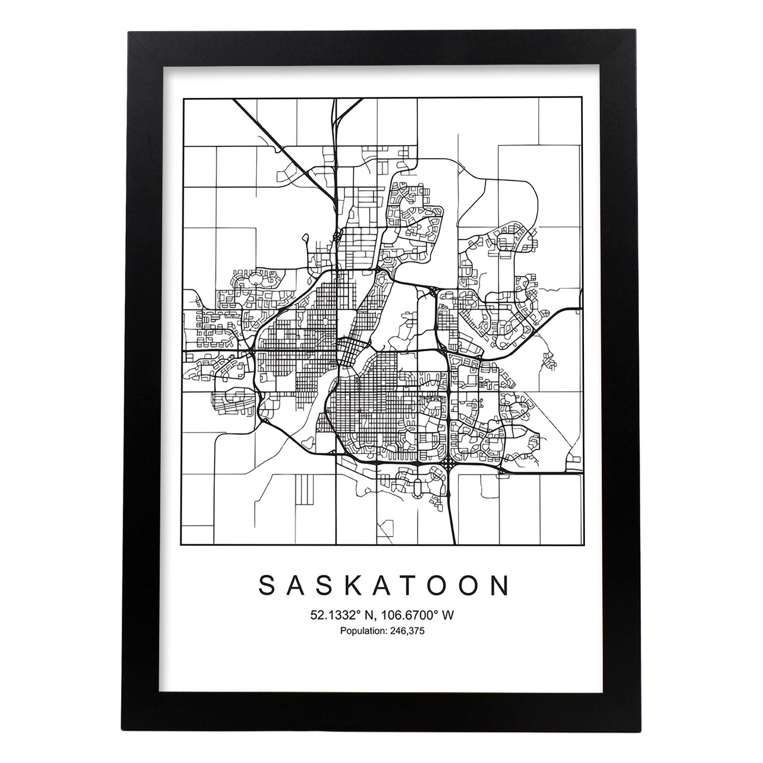 Lámina mapa de la ciudad Saskatoon estilo nordico en blanco y negro.-Artwork-Nacnic-A3-Marco Negro-Nacnic Estudio SL