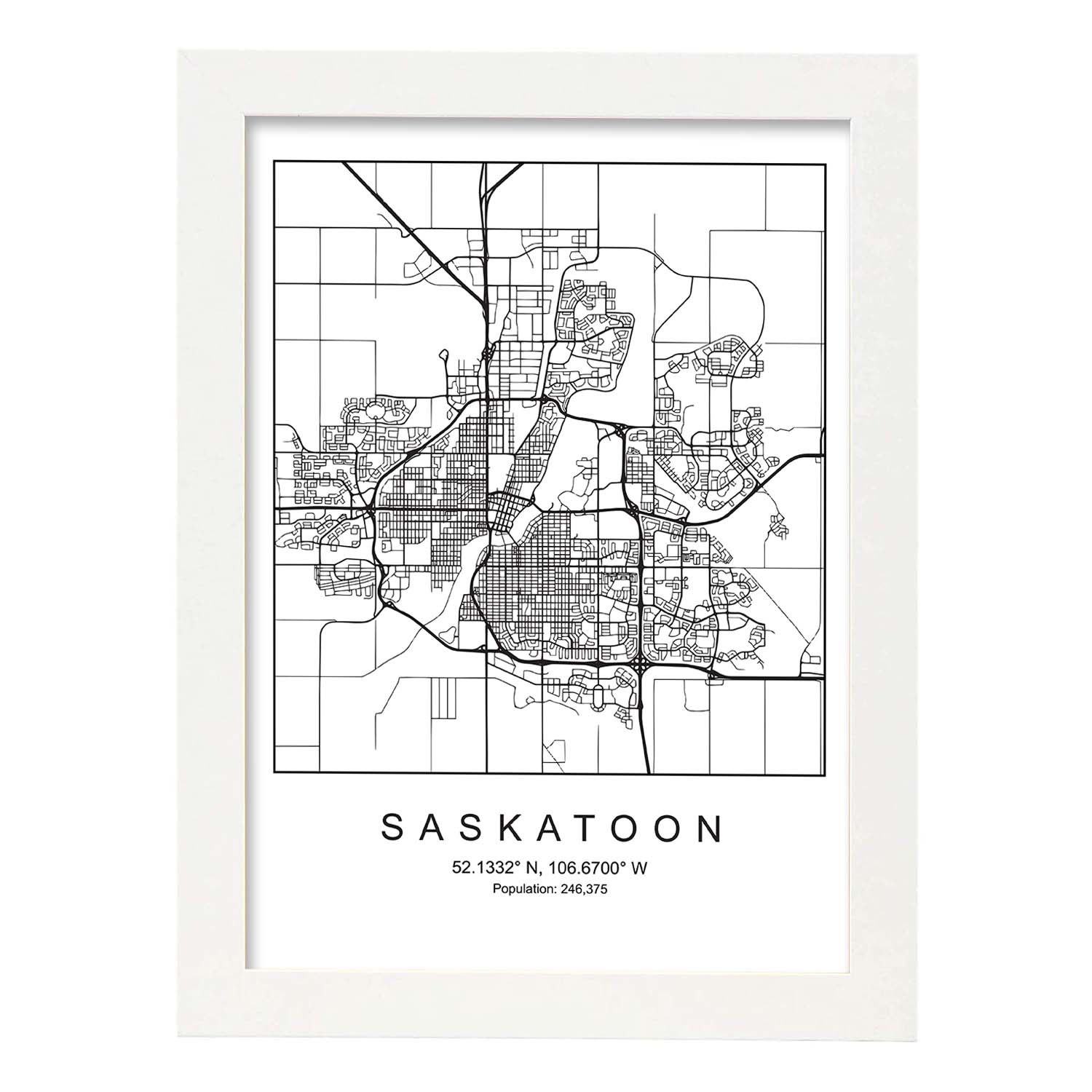 Lámina mapa de la ciudad Saskatoon estilo nordico en blanco y negro.-Artwork-Nacnic-A4-Marco Blanco-Nacnic Estudio SL